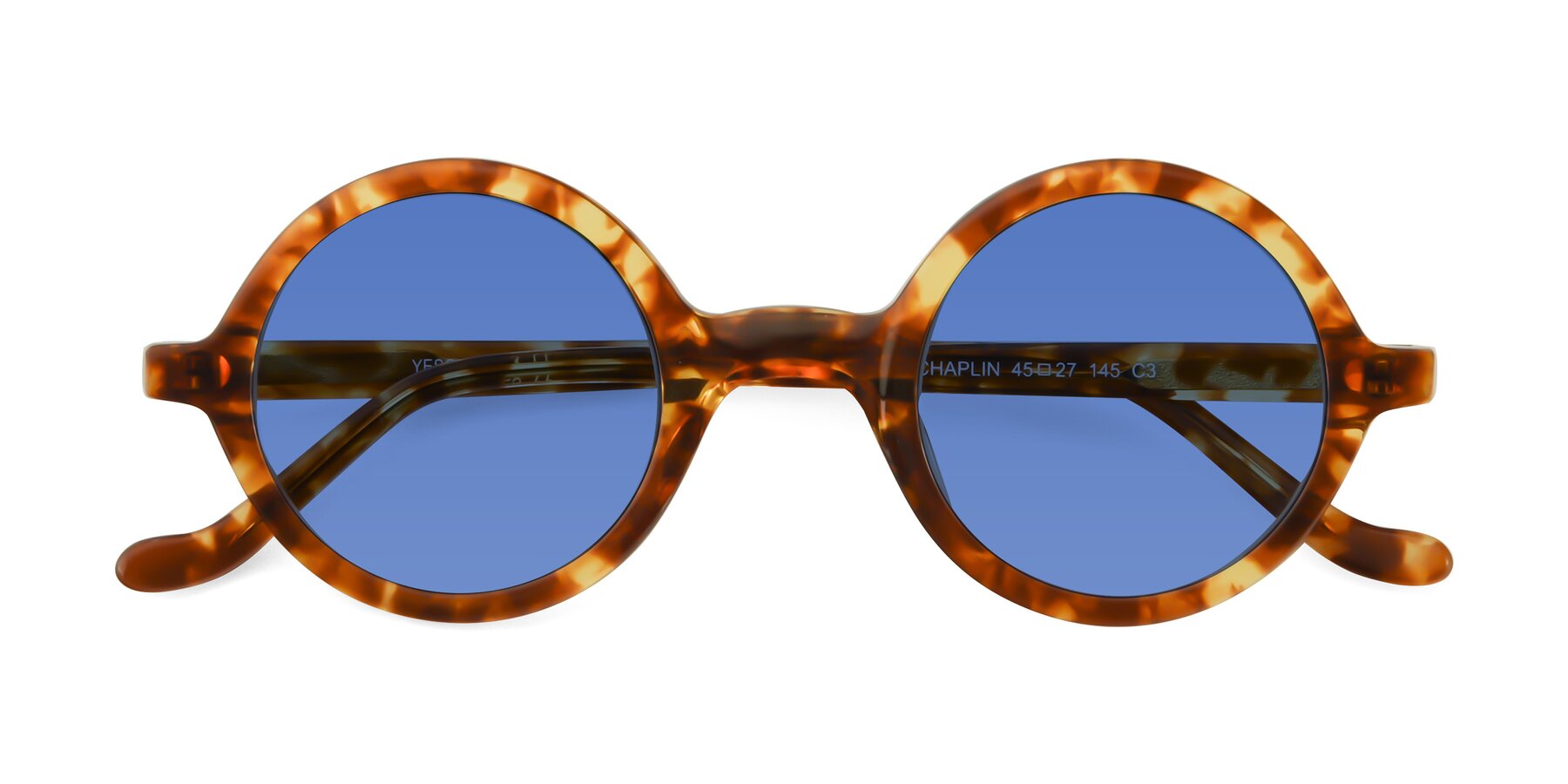 Folded Front of Chaplin in Tortoise with Blue Tinted Lenses