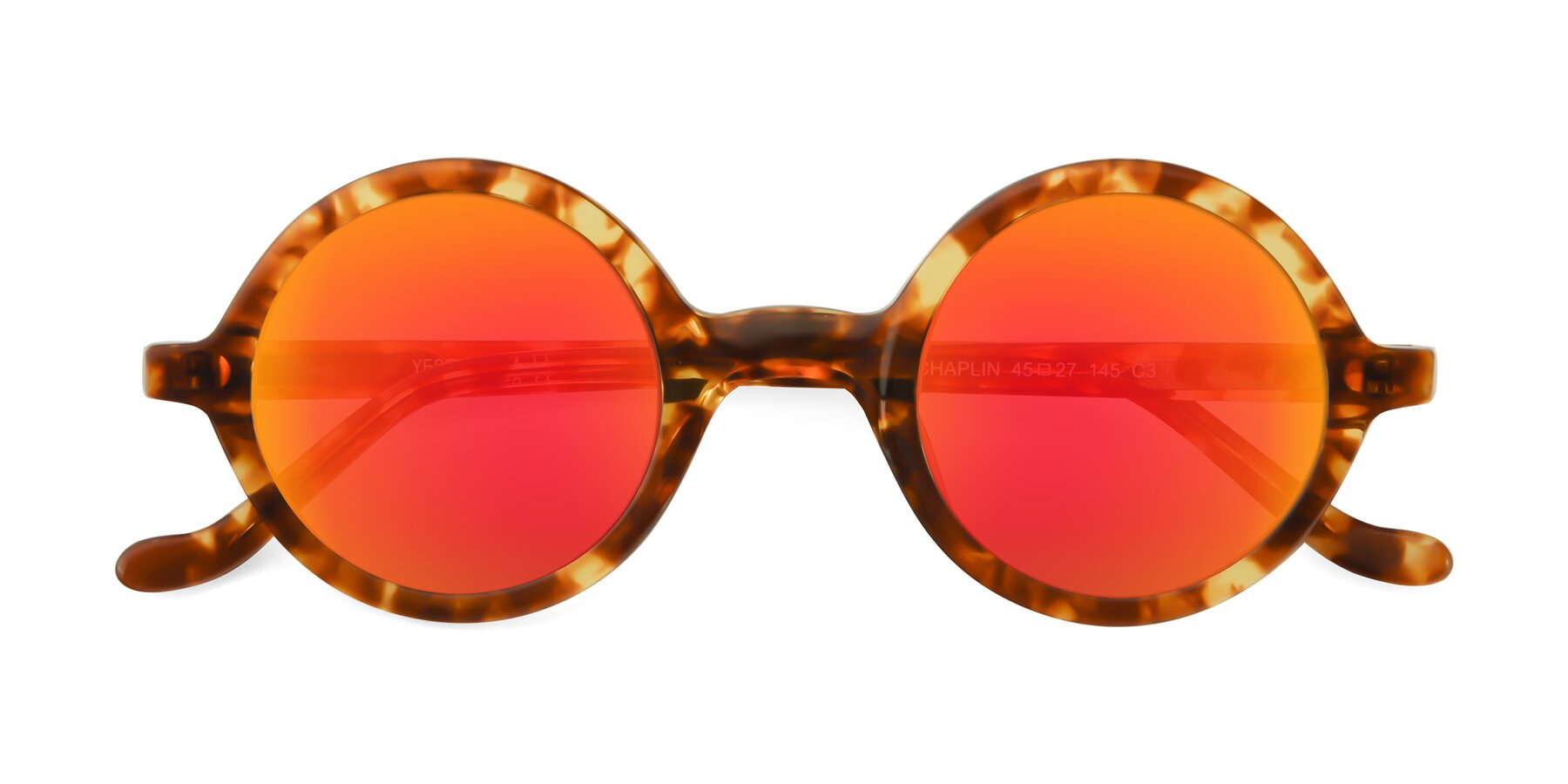 View of Chaplin in Tortoise with Red Gold Mirrored Lenses
