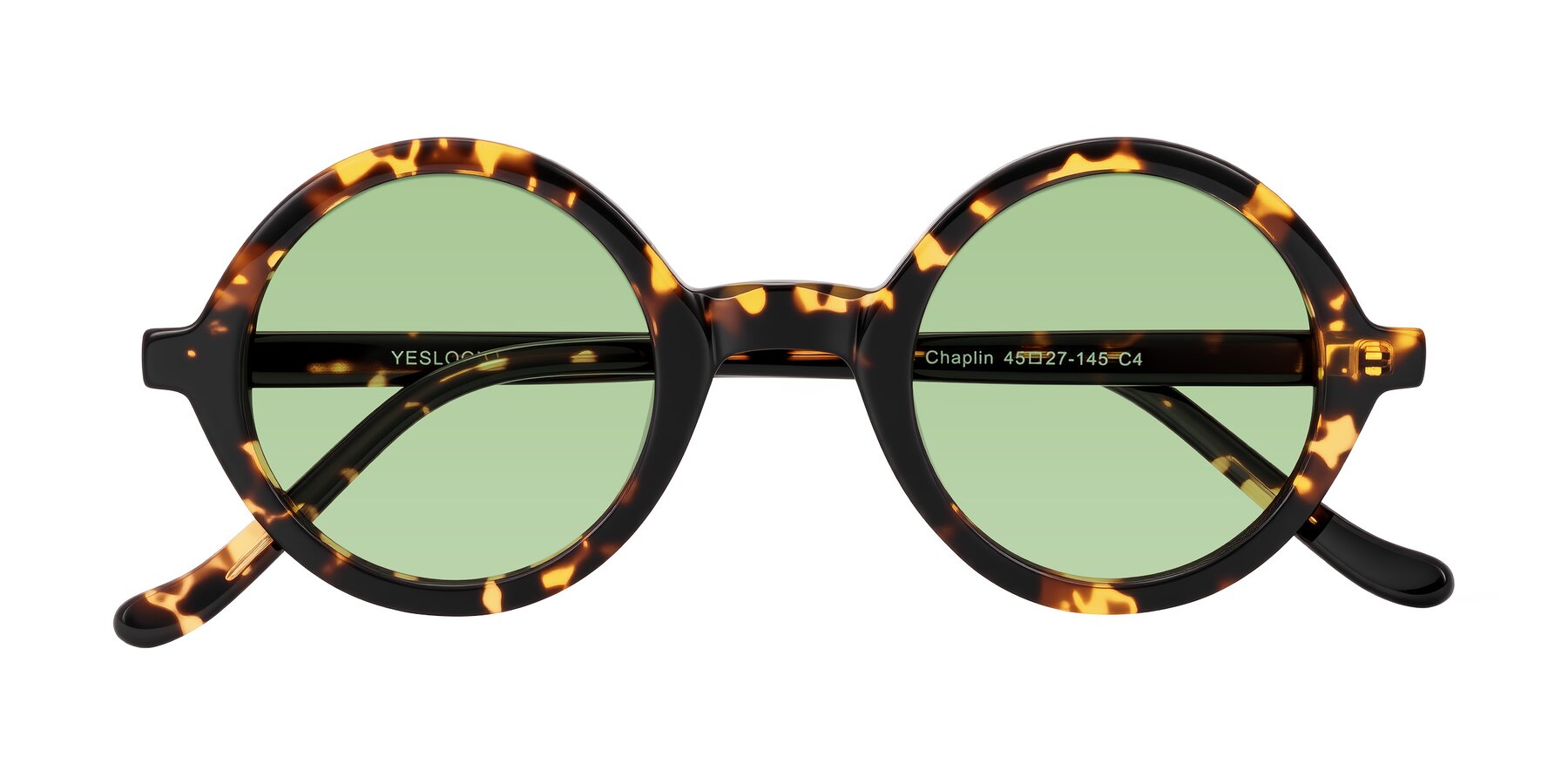 Folded Front of Chaplin in Dark Tortoise with Medium Green Tinted Lenses