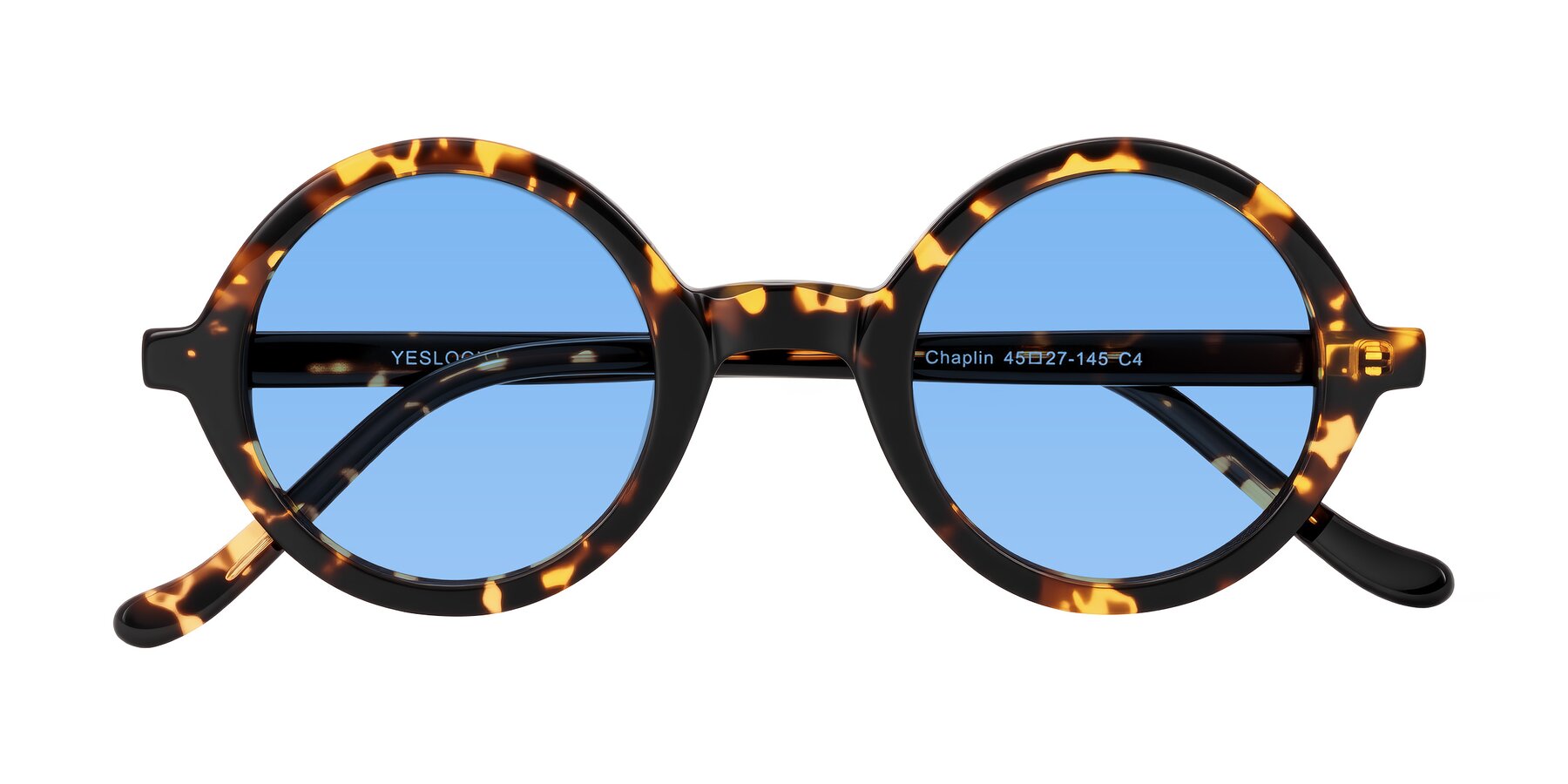 Folded Front of Chaplin in Dark Tortoise with Medium Blue Tinted Lenses