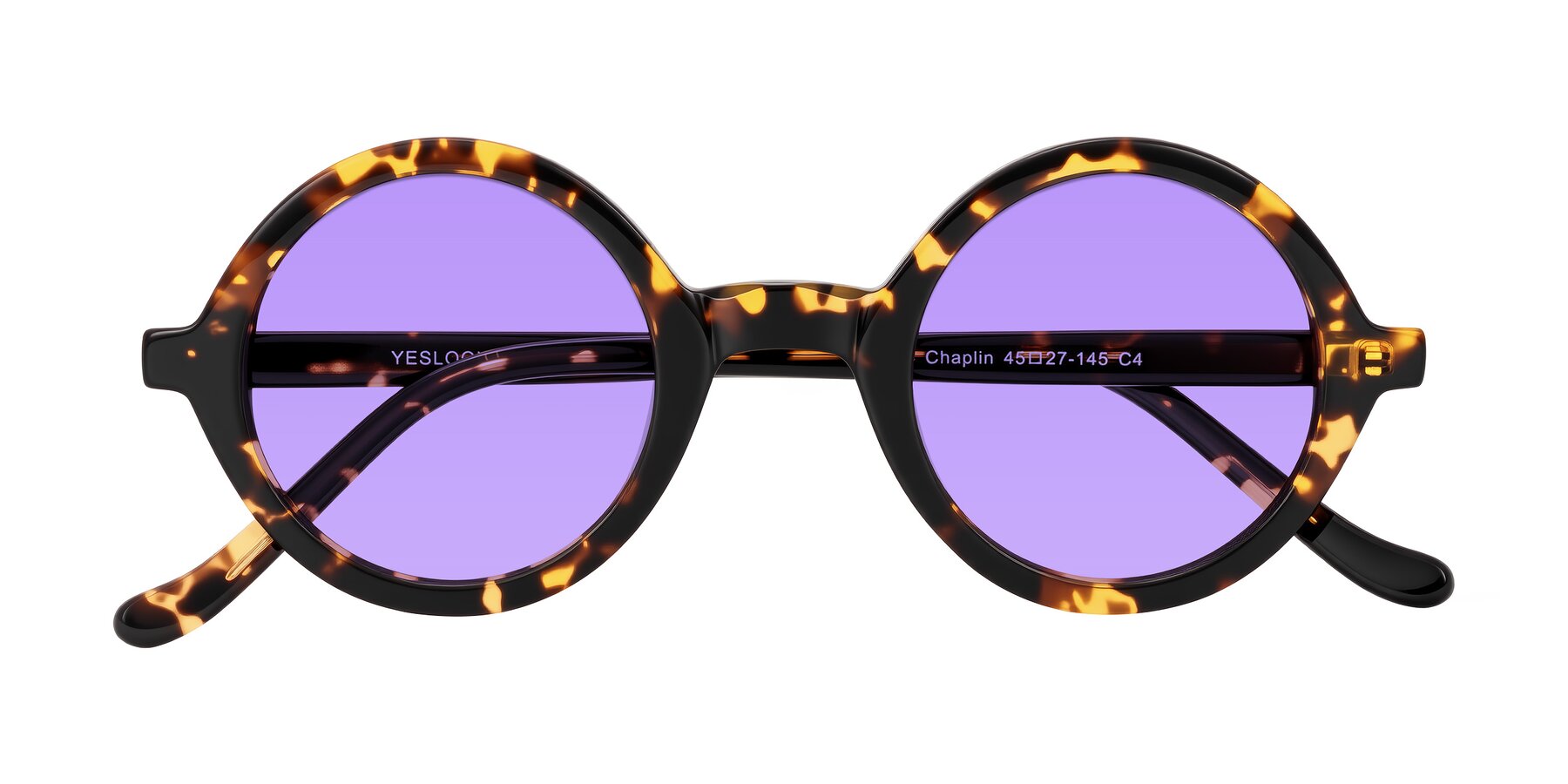 Folded Front of Chaplin in Dark Tortoise with Medium Purple Tinted Lenses
