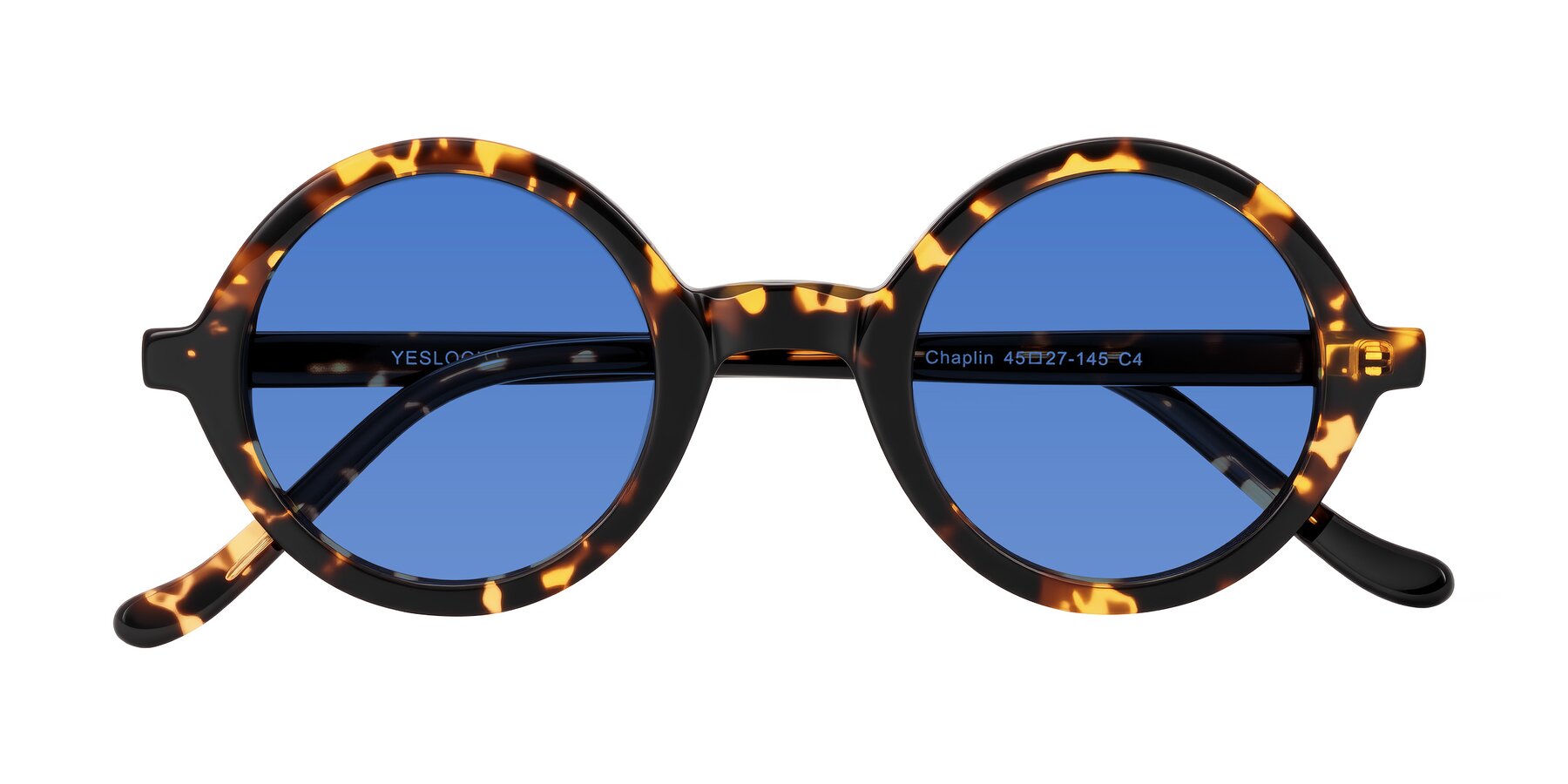 Folded Front of Chaplin in Dark Tortoise with Blue Tinted Lenses