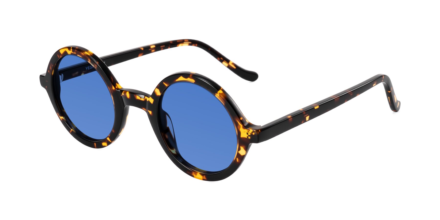Angle of Chaplin in Dark Tortoise with Blue Tinted Lenses