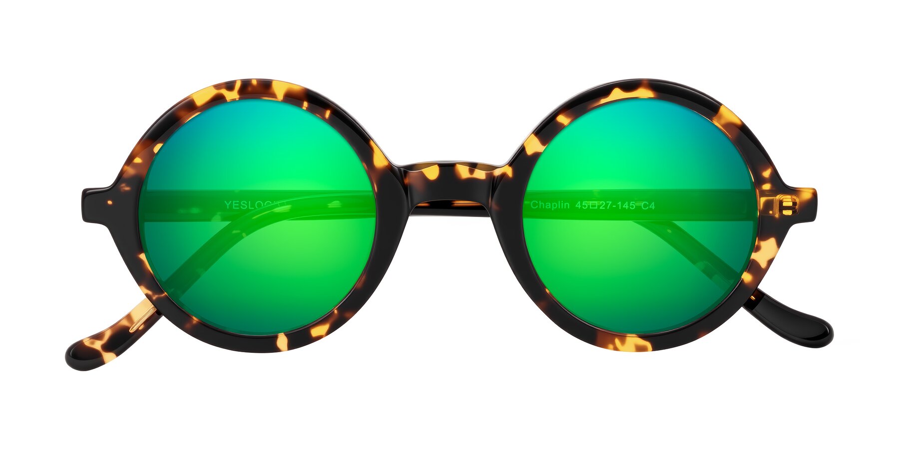 Folded Front of Chaplin in Dark Tortoise with Green Mirrored Lenses