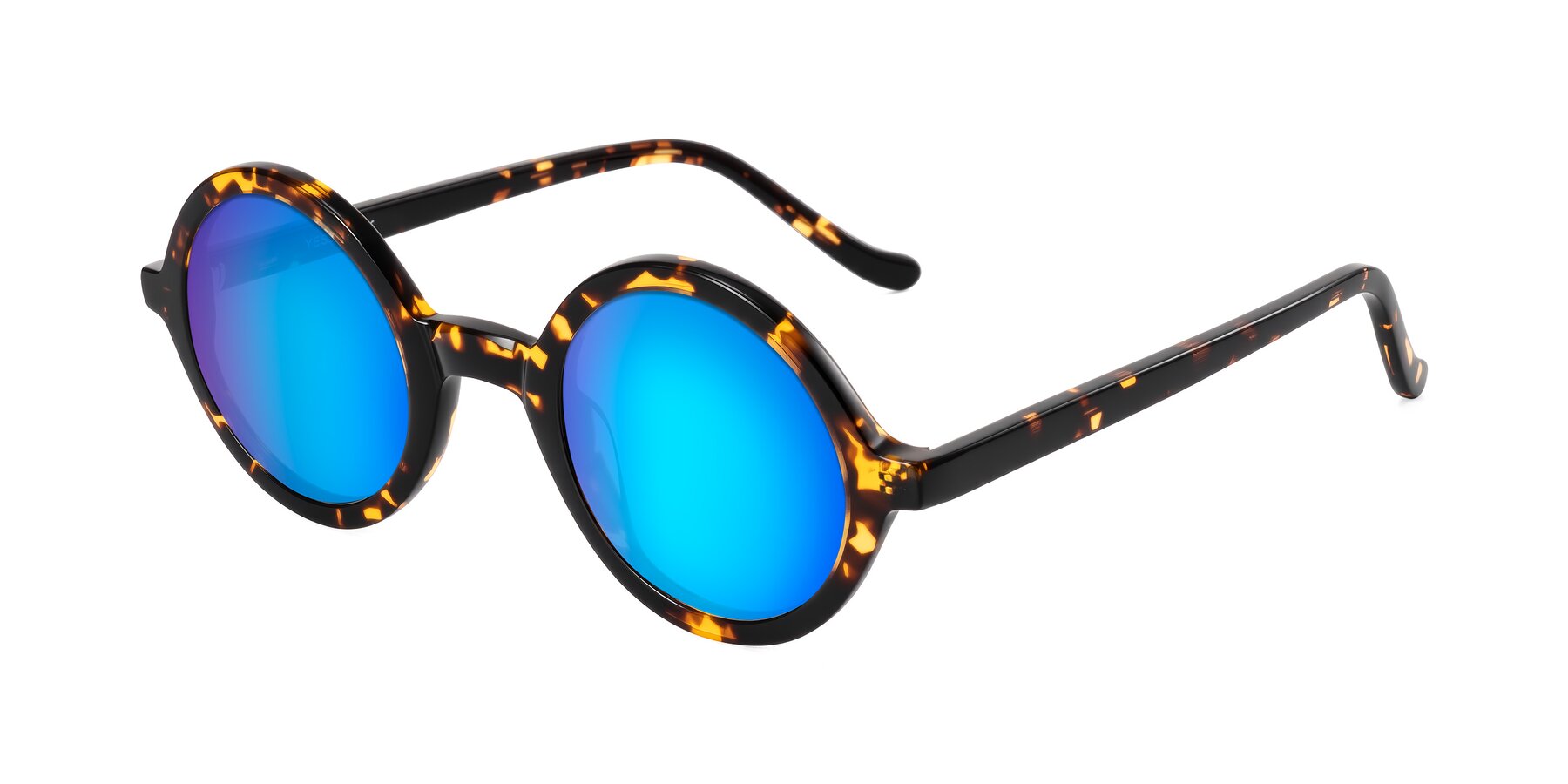 Angle of Chaplin in Dark Tortoise with Blue Mirrored Lenses
