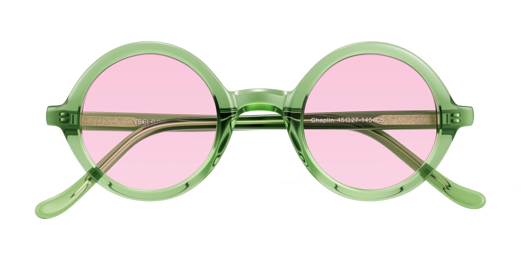 Folded Front of Chaplin in Green with Light Pink Tinted Lenses