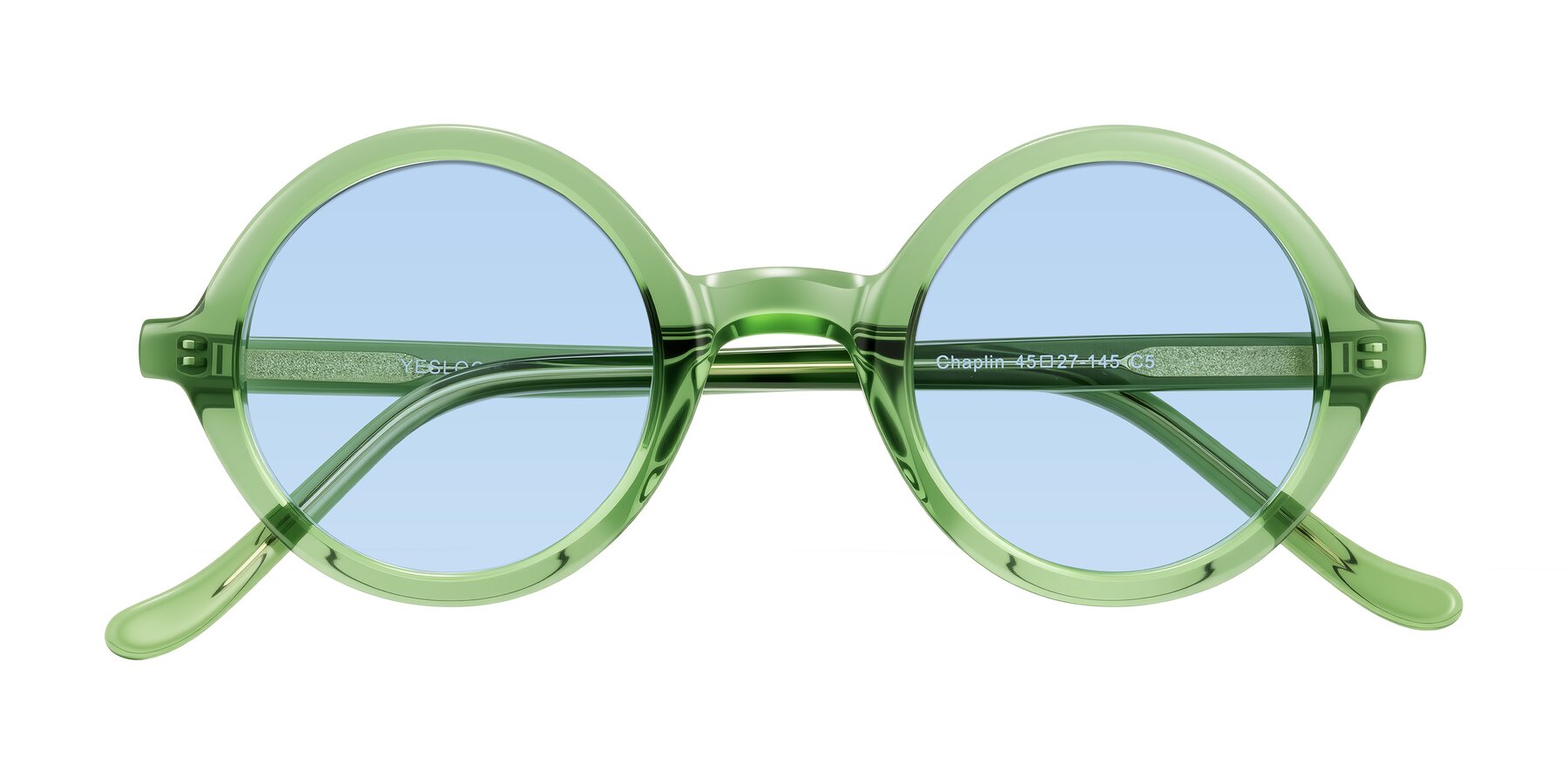 Folded Front of Chaplin in Green with Light Blue Tinted Lenses
