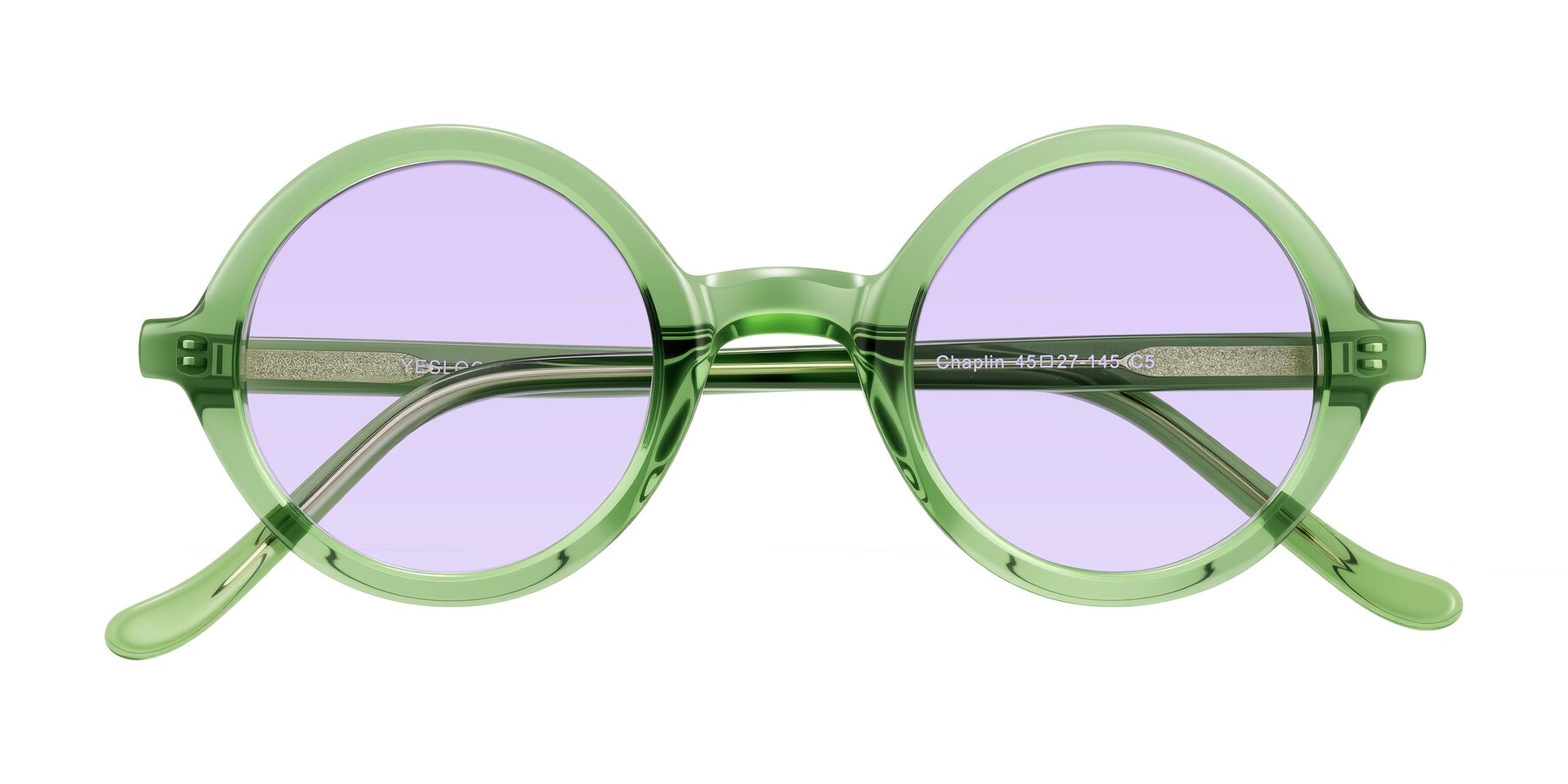 Folded Front of Chaplin in Green with Light Purple Tinted Lenses