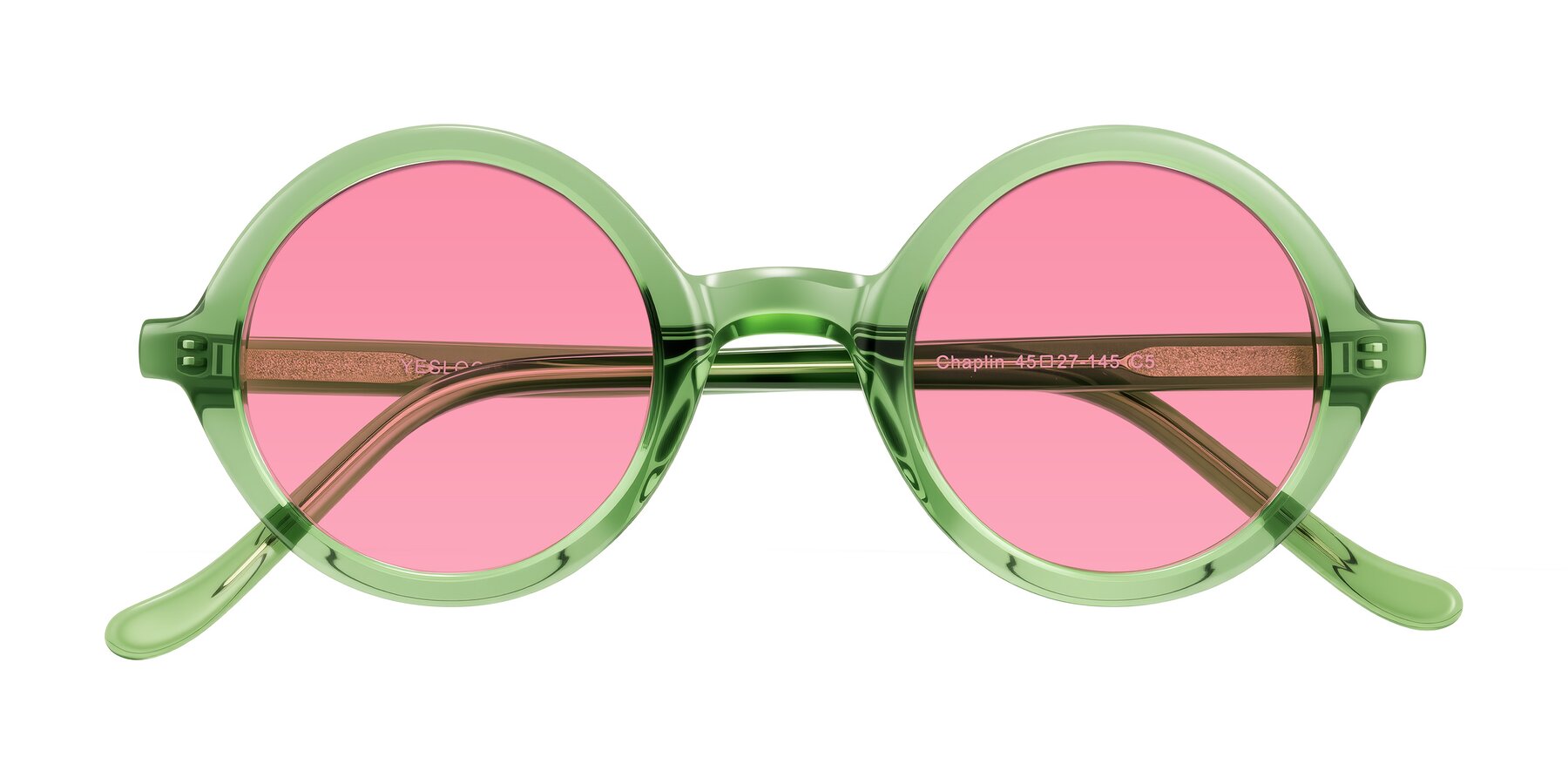 Folded Front of Chaplin in Green with Pink Tinted Lenses
