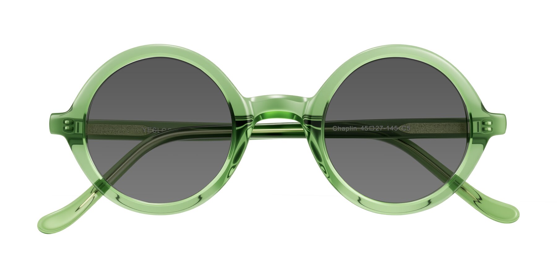 Folded Front of Chaplin in Green with Medium Gray Tinted Lenses
