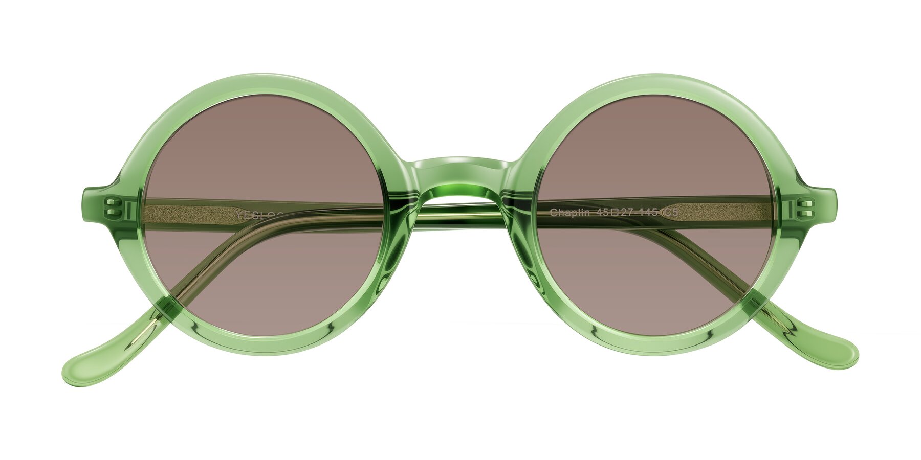 Folded Front of Chaplin in Green with Medium Brown Tinted Lenses