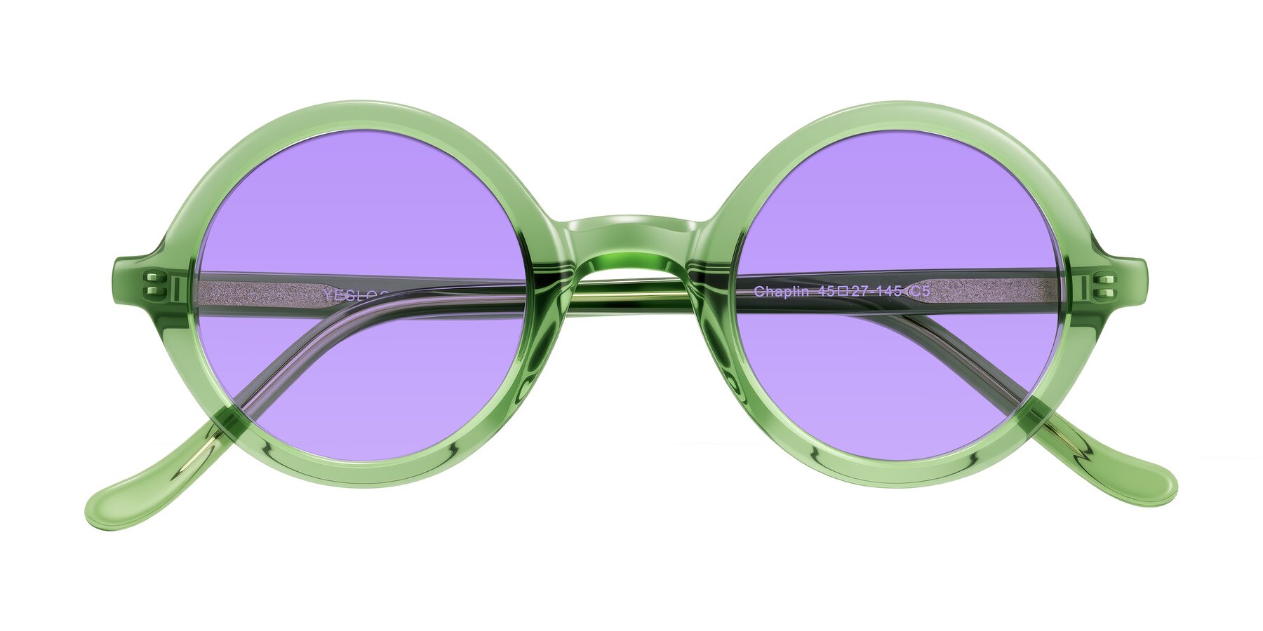 Folded Front of Chaplin in Green with Medium Purple Tinted Lenses