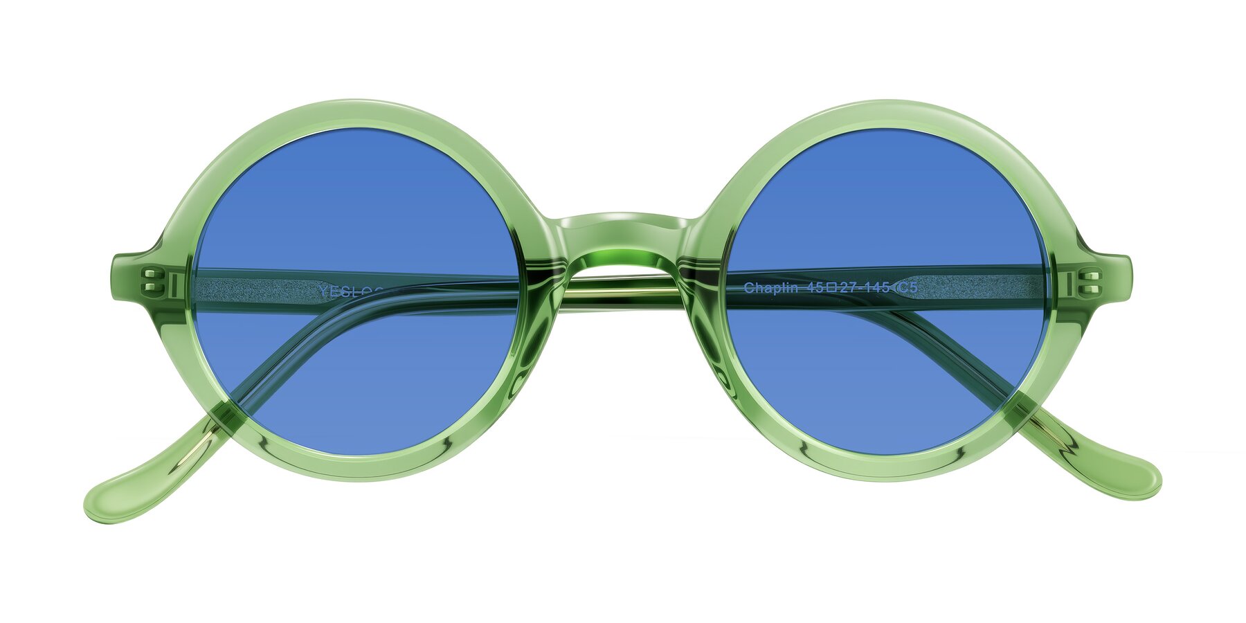 Folded Front of Chaplin in Green with Blue Tinted Lenses