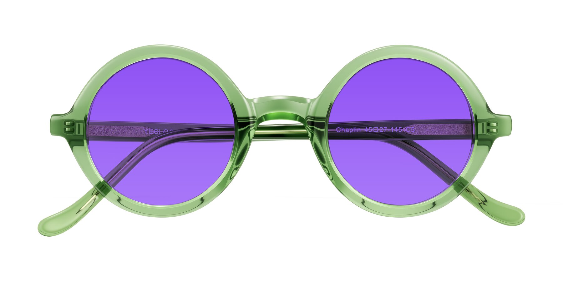 Folded Front of Chaplin in Green with Purple Tinted Lenses