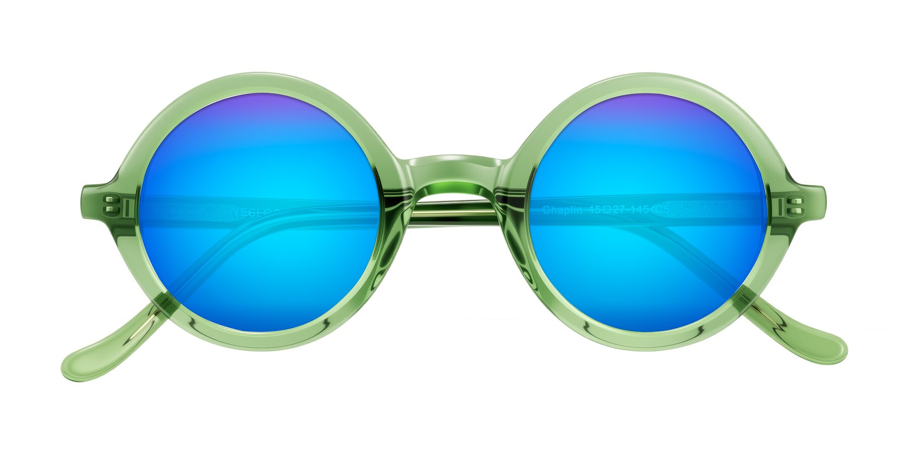 Folded Front of Chaplin in Green with Blue Mirrored Lenses