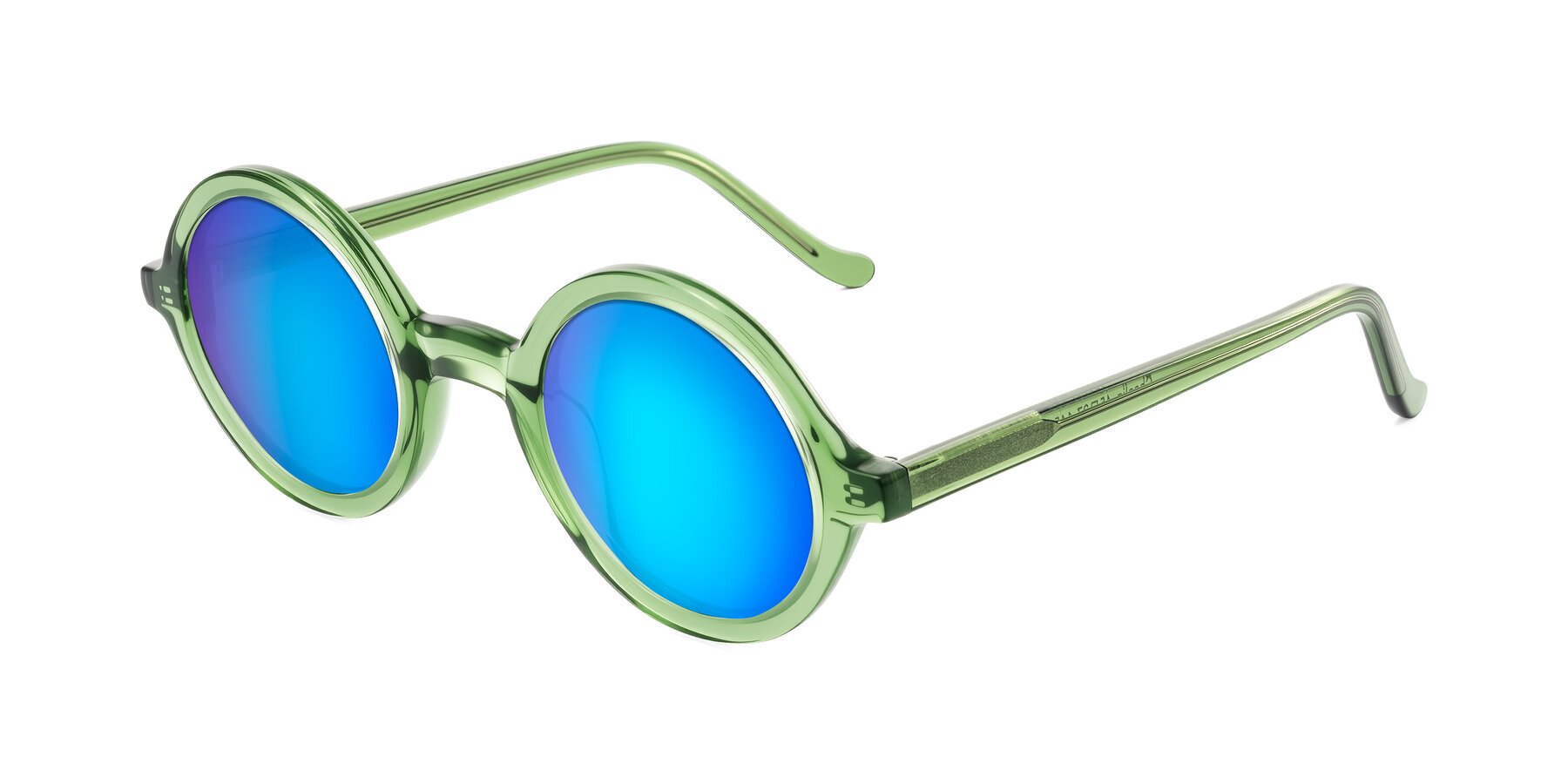 Angle of Chaplin in Green with Blue Mirrored Lenses