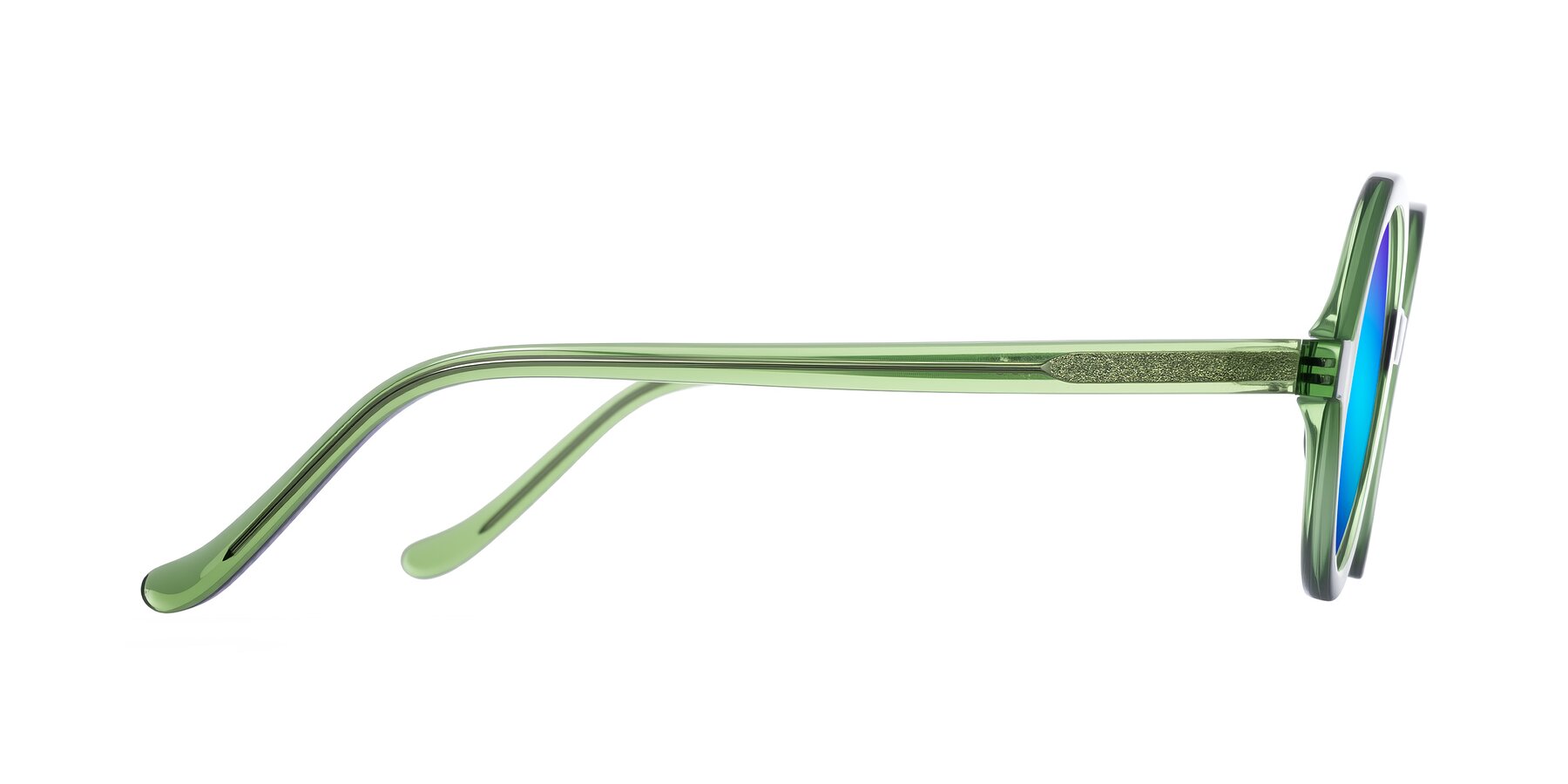 Side of Chaplin in Green with Blue Mirrored Lenses