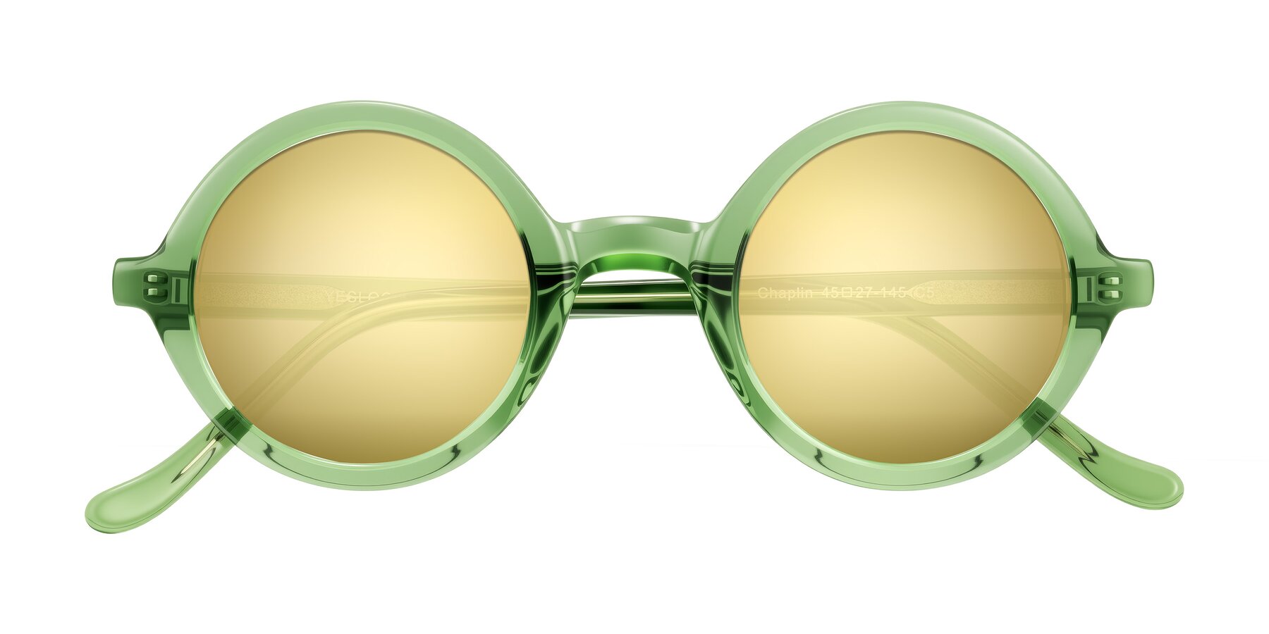 Folded Front of Chaplin in Green with Gold Mirrored Lenses