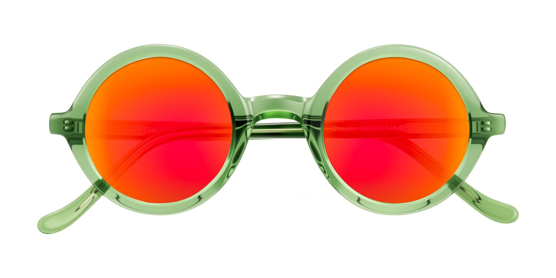Folded Front of Chaplin in Green with Red Gold Mirrored Lenses