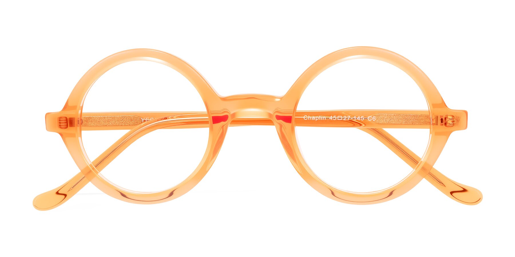 Folded Front of Chaplin in Orange with Clear Eyeglass Lenses