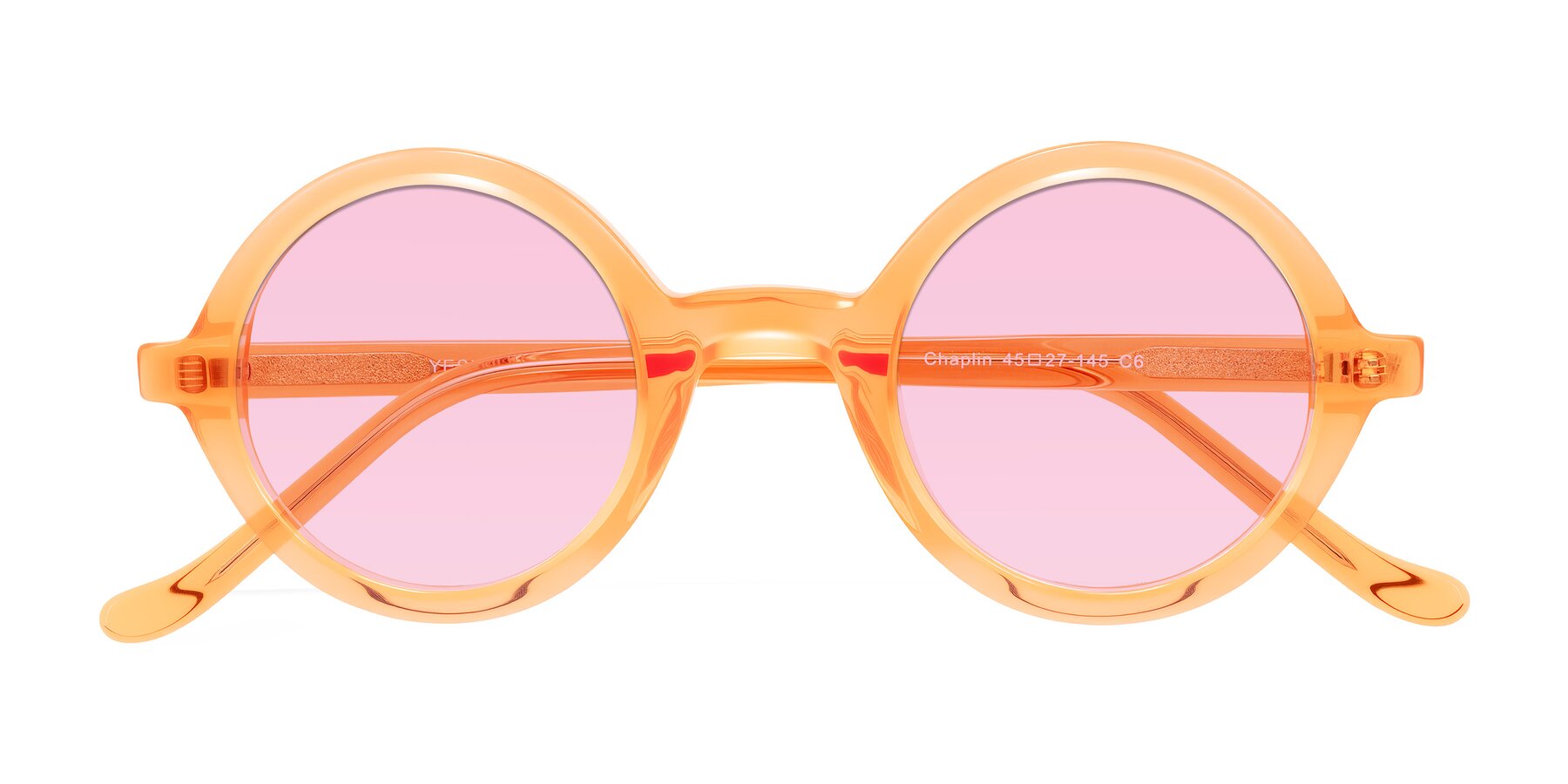 Folded Front of Chaplin in Orange with Light Pink Tinted Lenses