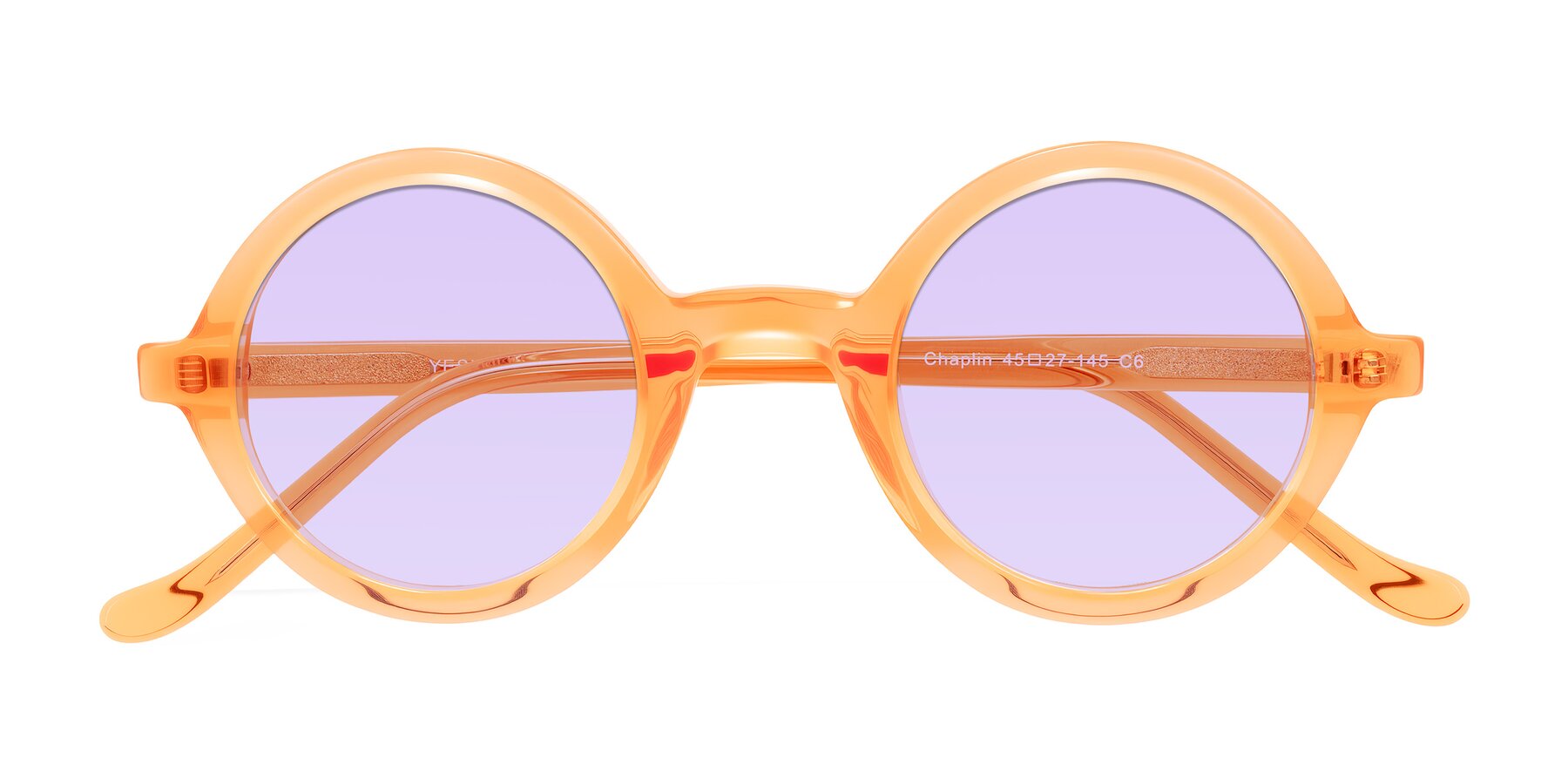 Folded Front of Chaplin in Orange with Light Purple Tinted Lenses