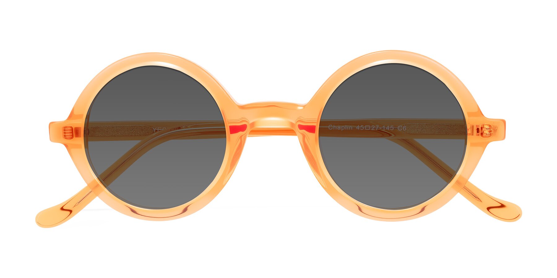 Folded Front of Chaplin in Orange with Medium Gray Tinted Lenses