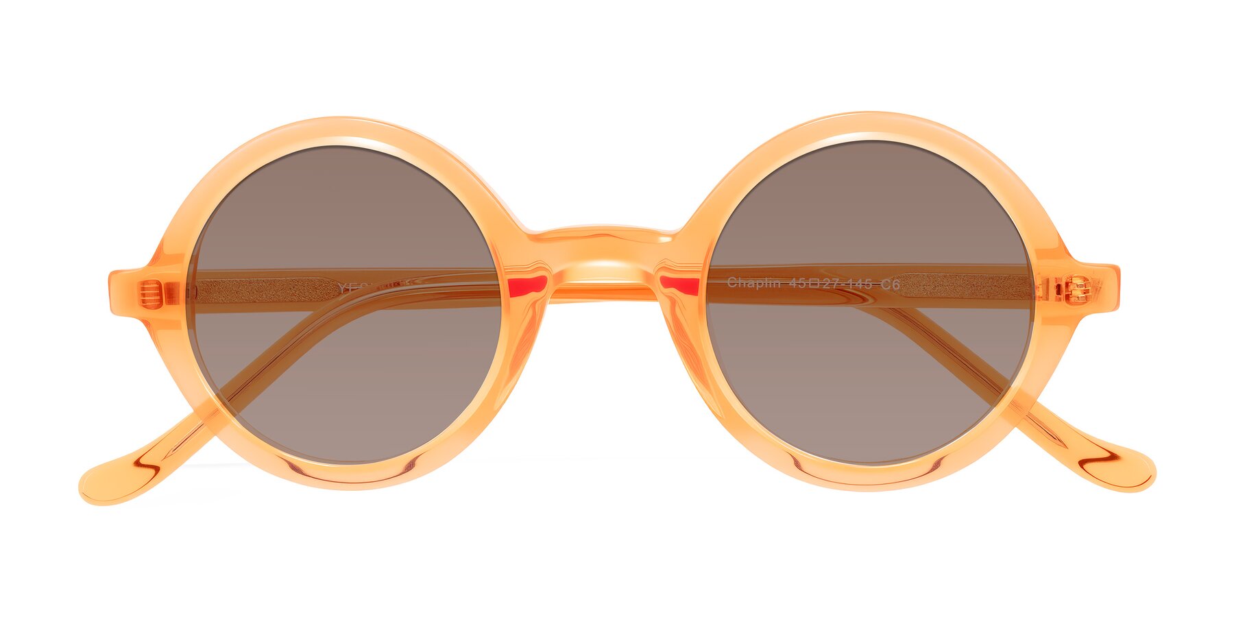 Folded Front of Chaplin in Orange with Medium Brown Tinted Lenses