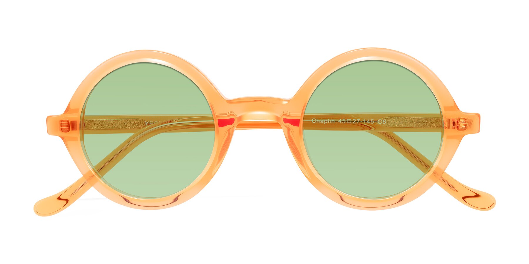 Folded Front of Chaplin in Orange with Medium Green Tinted Lenses