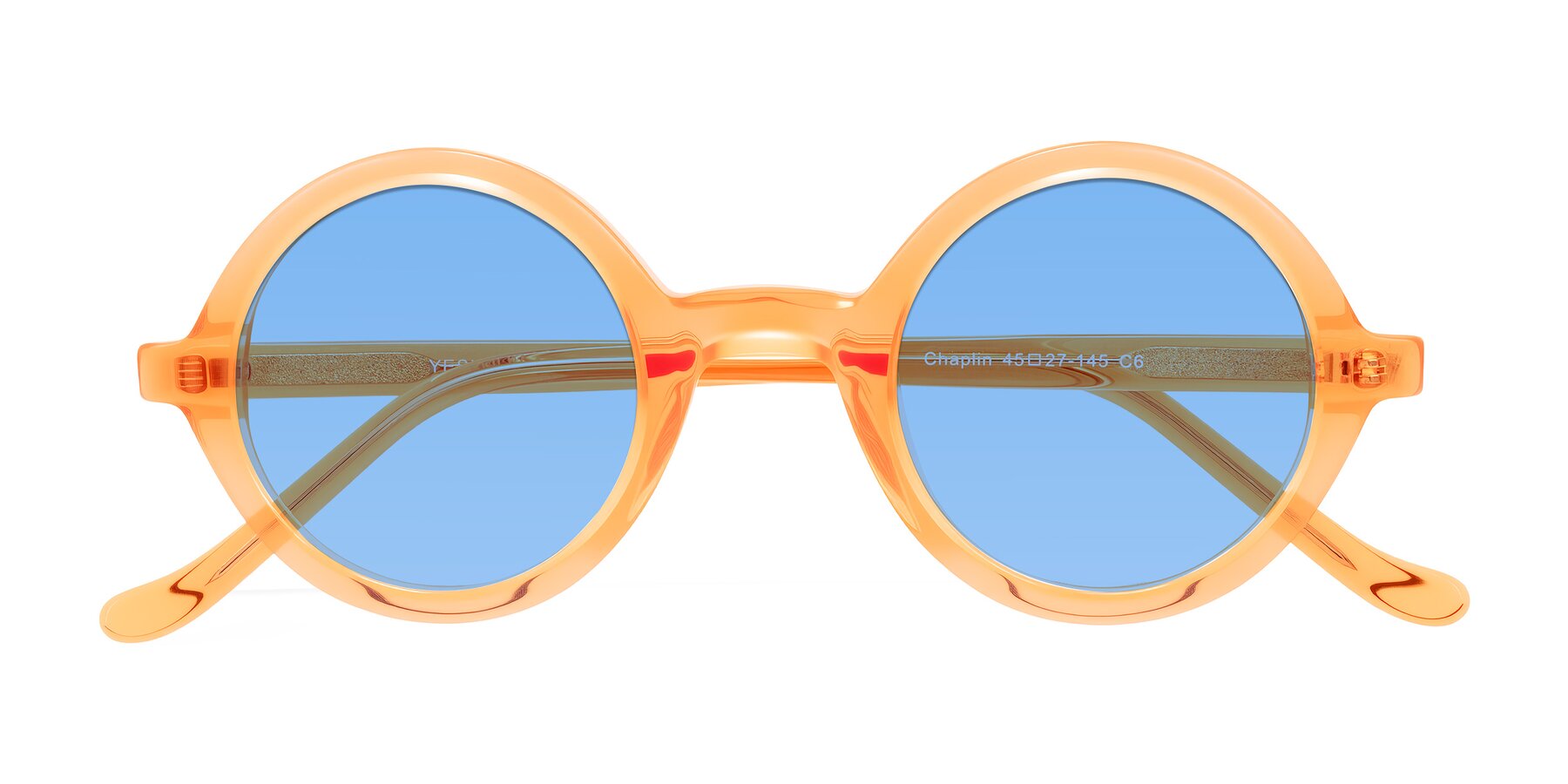 Folded Front of Chaplin in Orange with Medium Blue Tinted Lenses