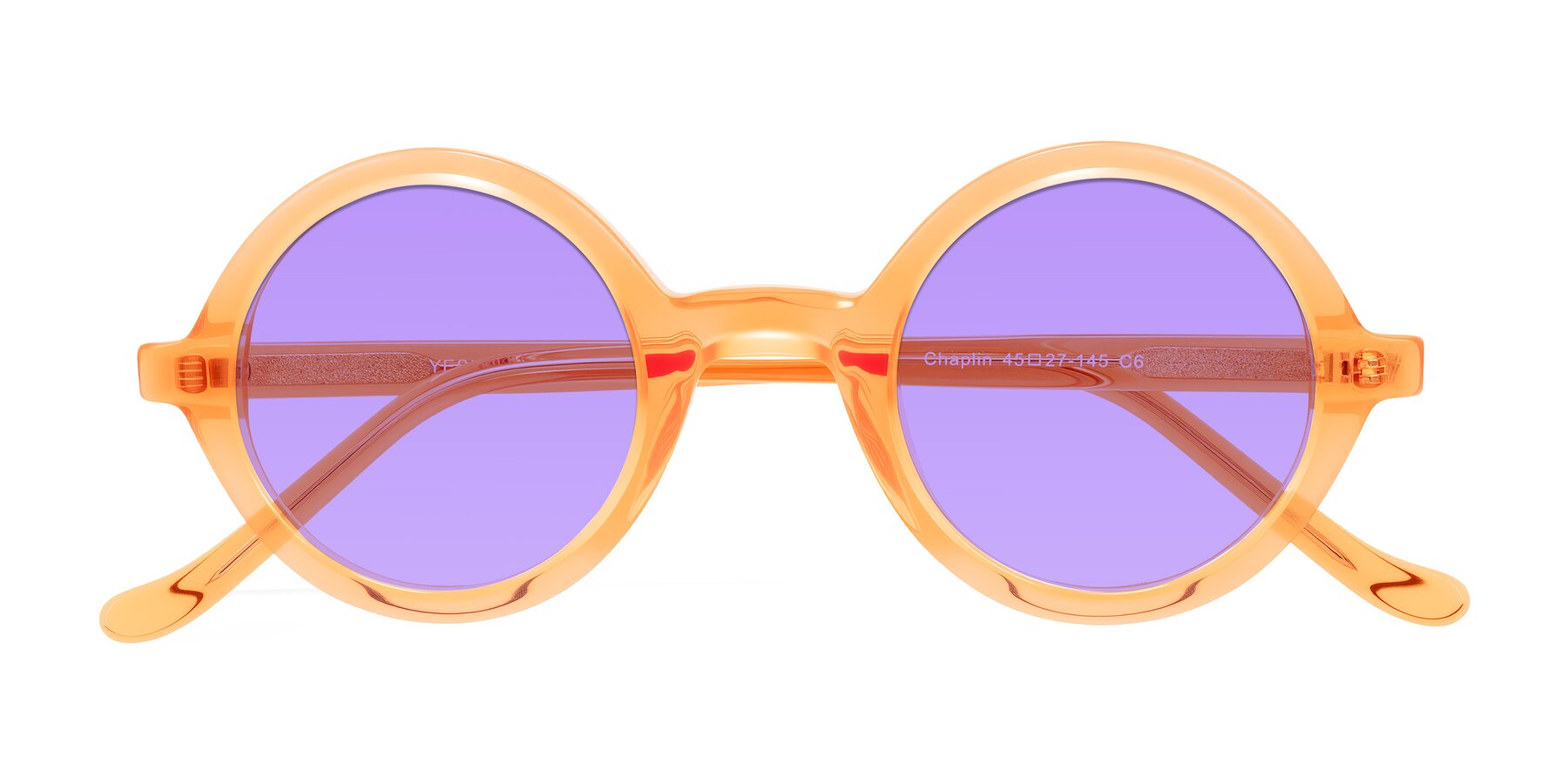 Folded Front of Chaplin in Orange with Medium Purple Tinted Lenses