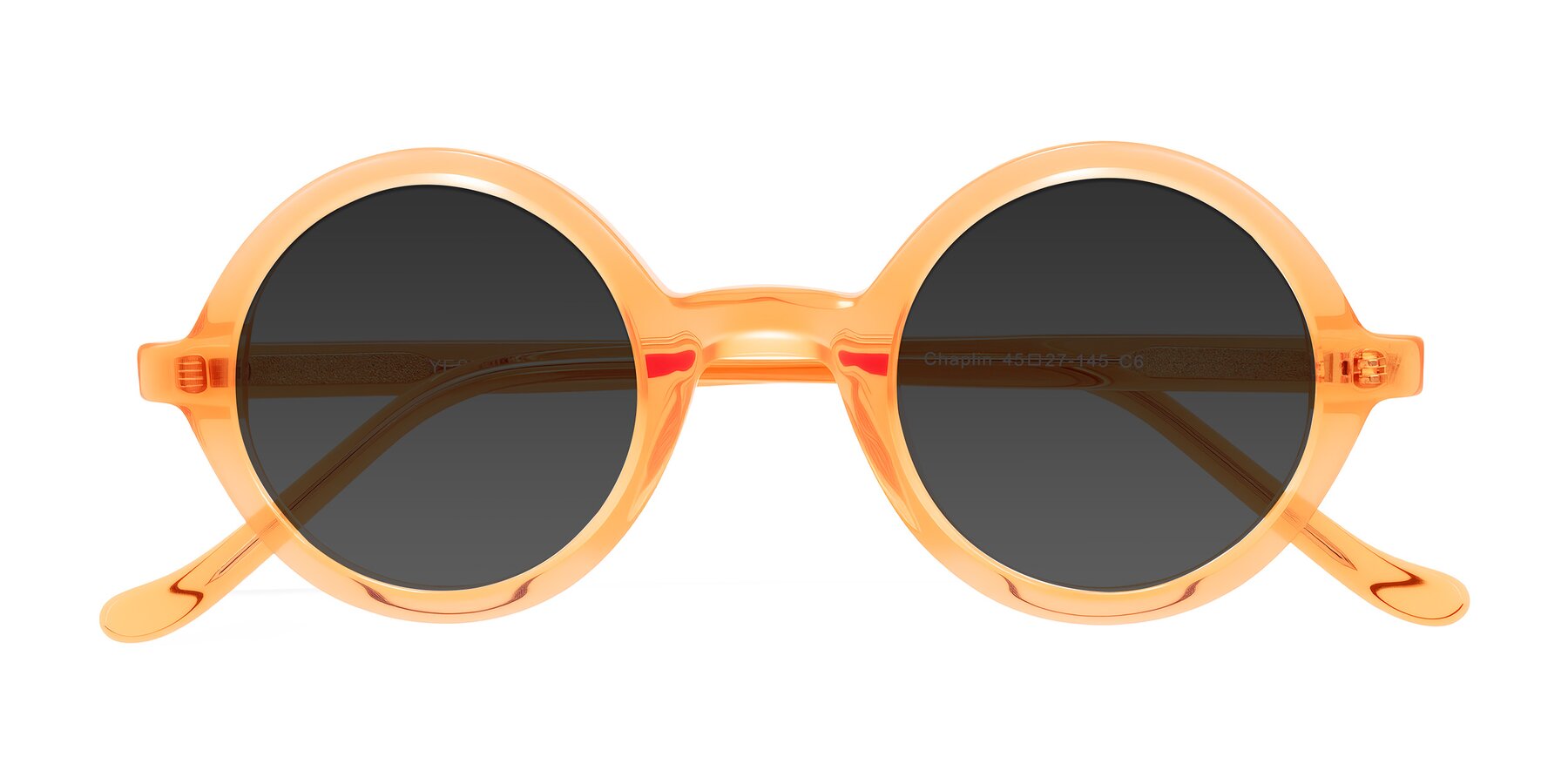Folded Front of Chaplin in Orange with Gray Tinted Lenses