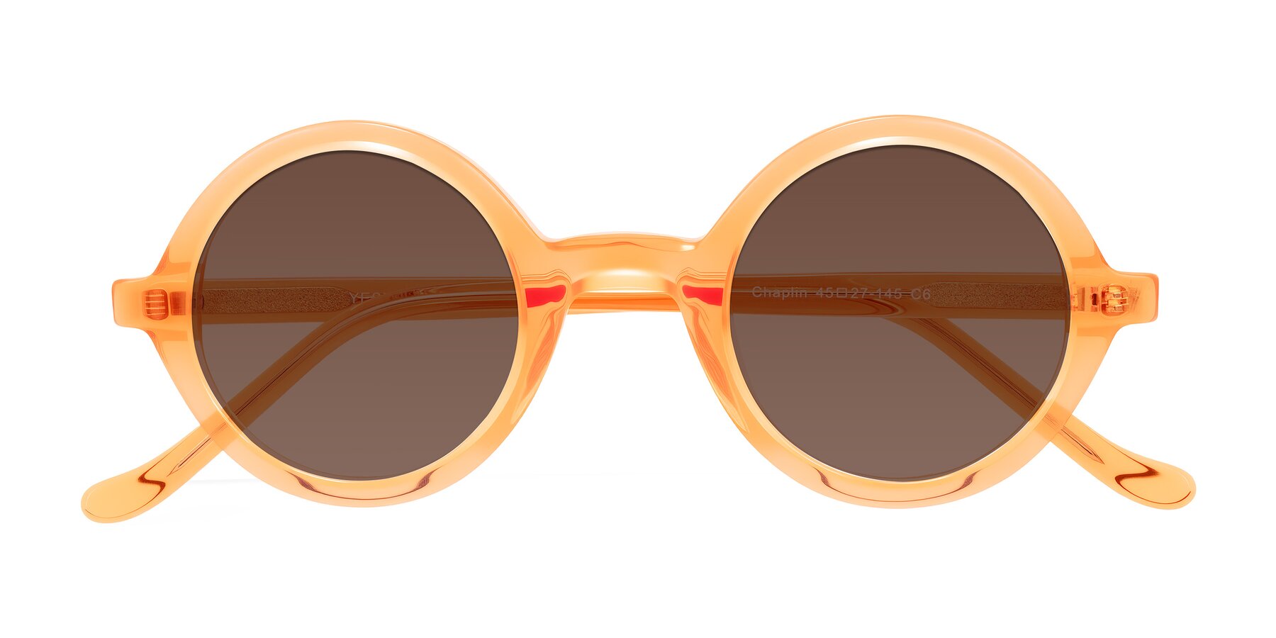 Folded Front of Chaplin in Orange with Brown Tinted Lenses