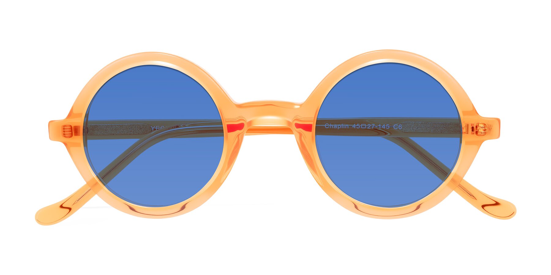 Folded Front of Chaplin in Orange with Blue Tinted Lenses