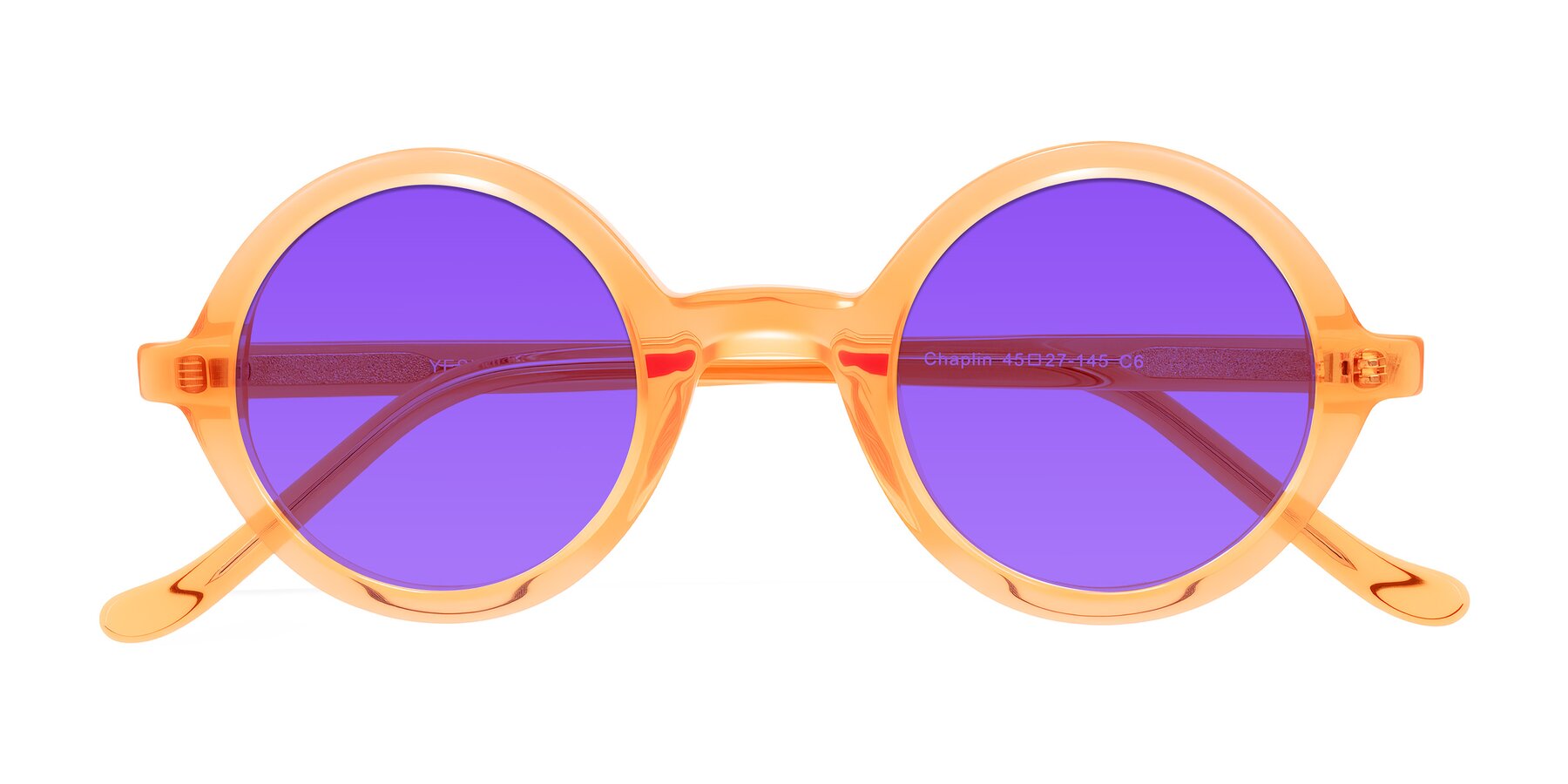 Folded Front of Chaplin in Orange with Purple Tinted Lenses