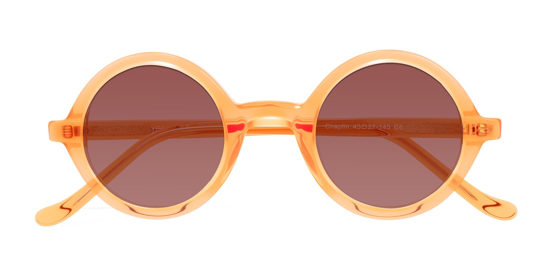 Folded Front of Chaplin in Orange with Garnet Tinted Lenses