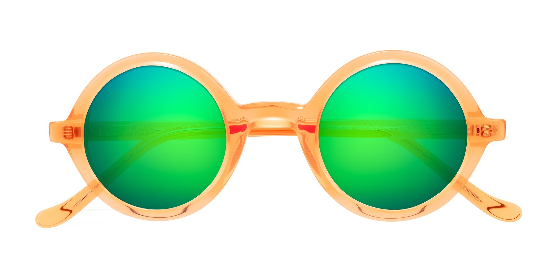 Folded Front of Chaplin in Orange with Green Mirrored Lenses