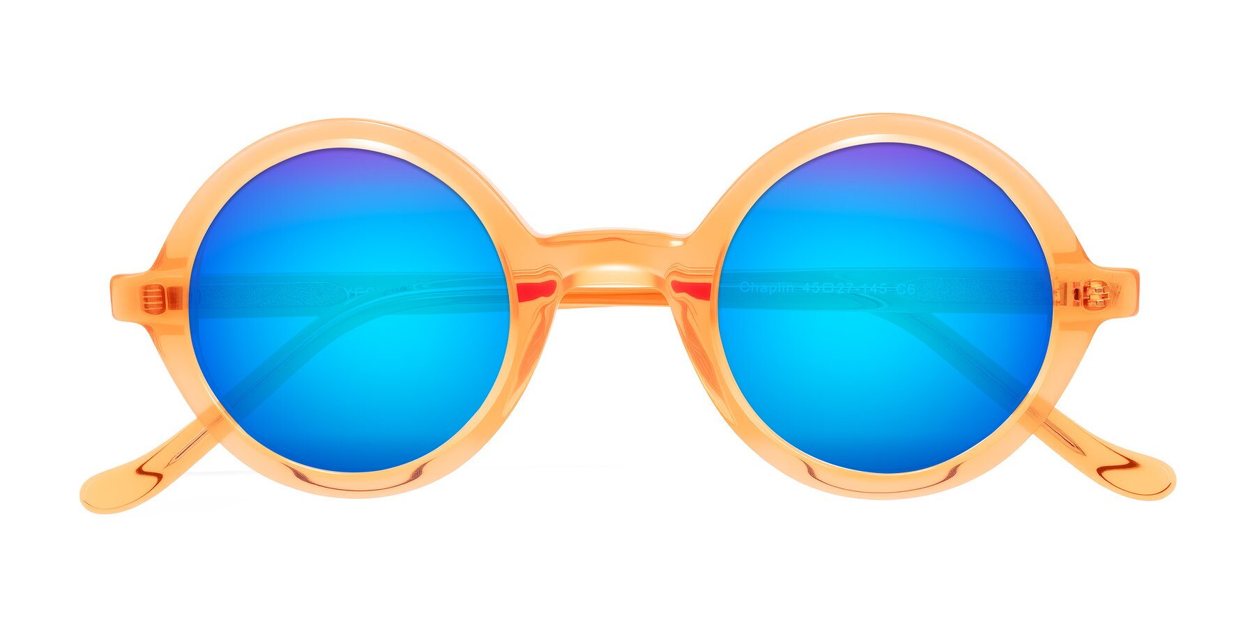 Folded Front of Chaplin in Orange with Blue Mirrored Lenses