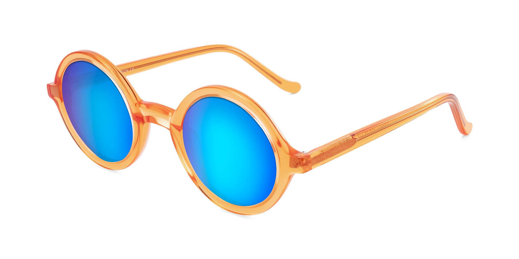 Angle of Chaplin in Orange with Blue Mirrored Lenses