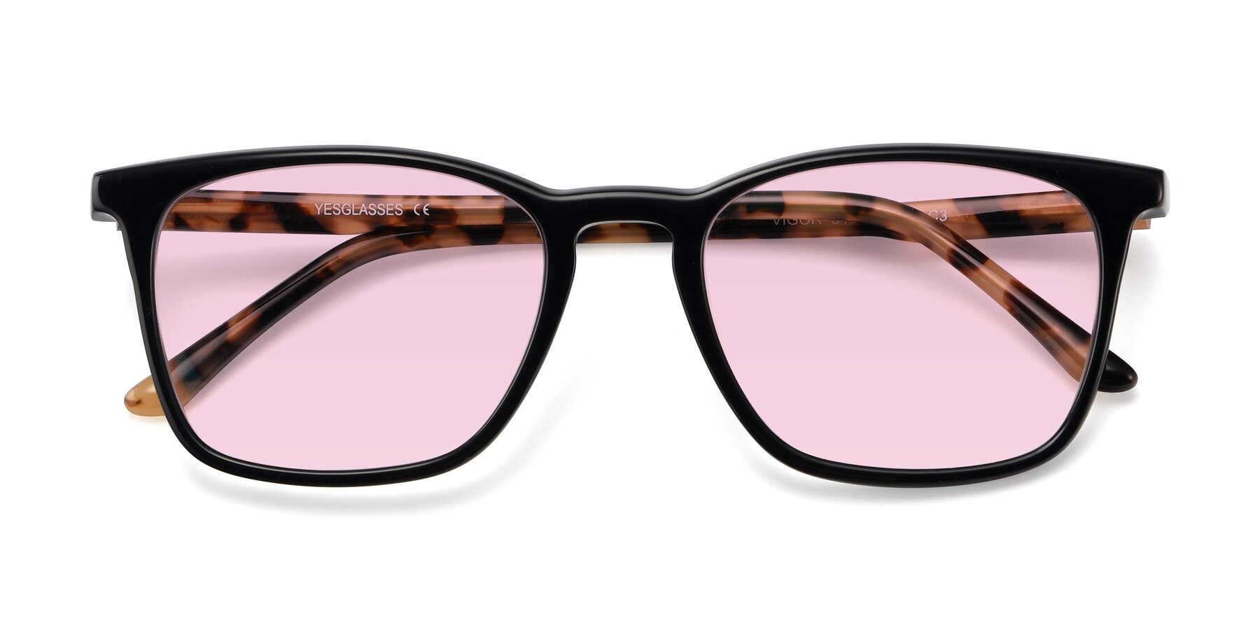 Folded Front of Vigor in Black-Tortoise with Light Pink Tinted Lenses