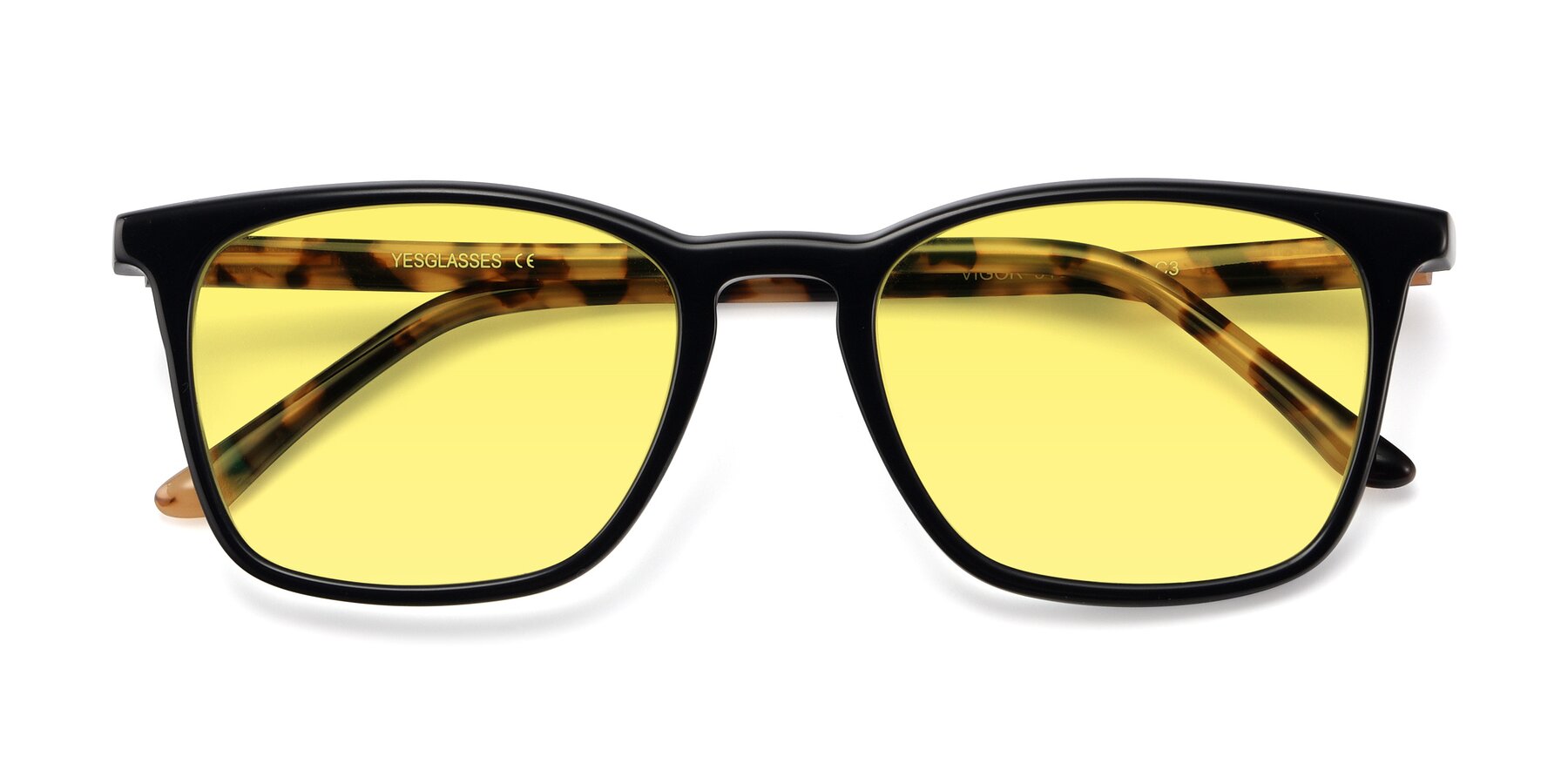 Folded Front of Vigor in Black-Tortoise with Medium Yellow Tinted Lenses