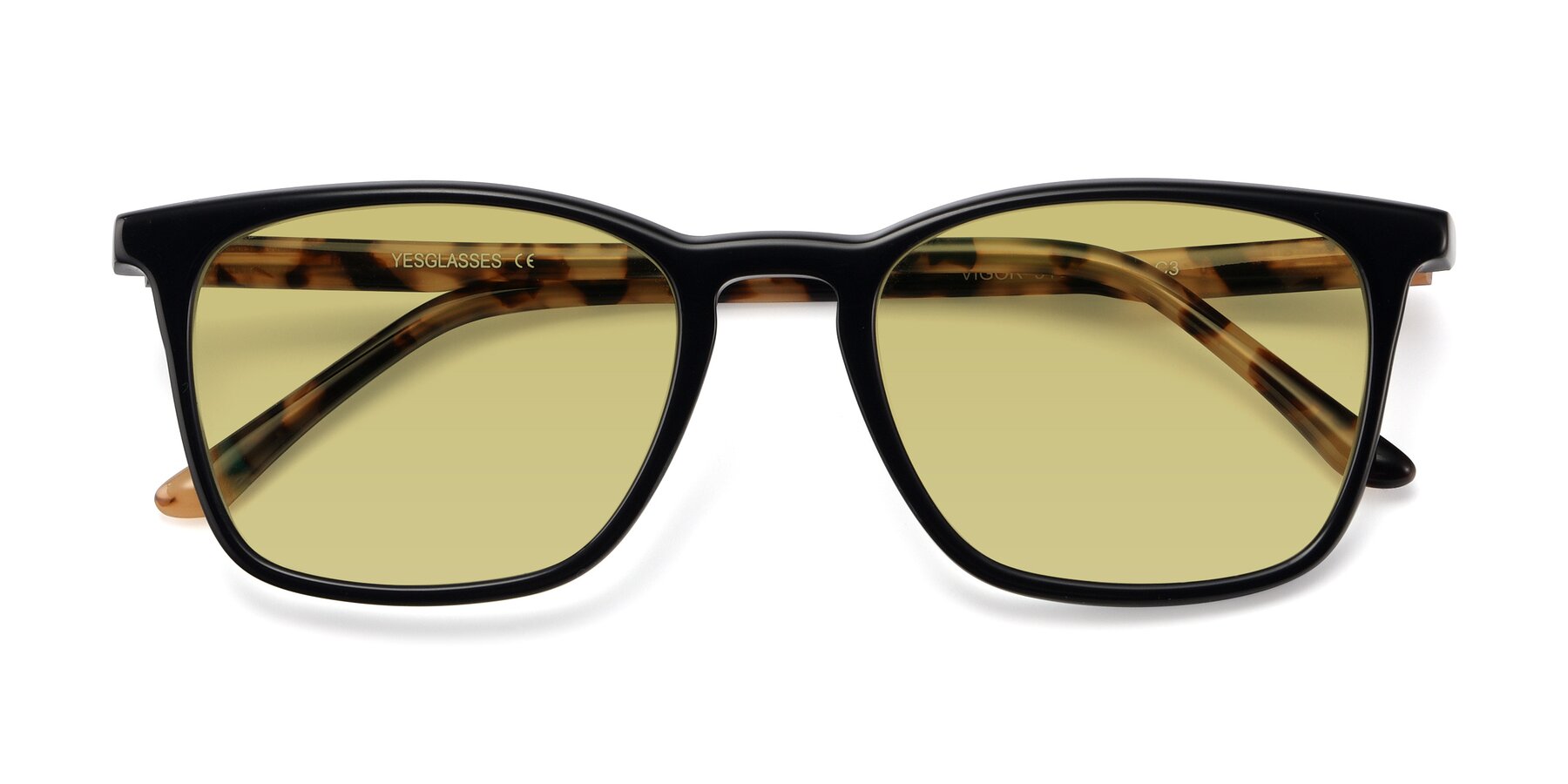 Folded Front of Vigor in Black-Tortoise with Medium Champagne Tinted Lenses
