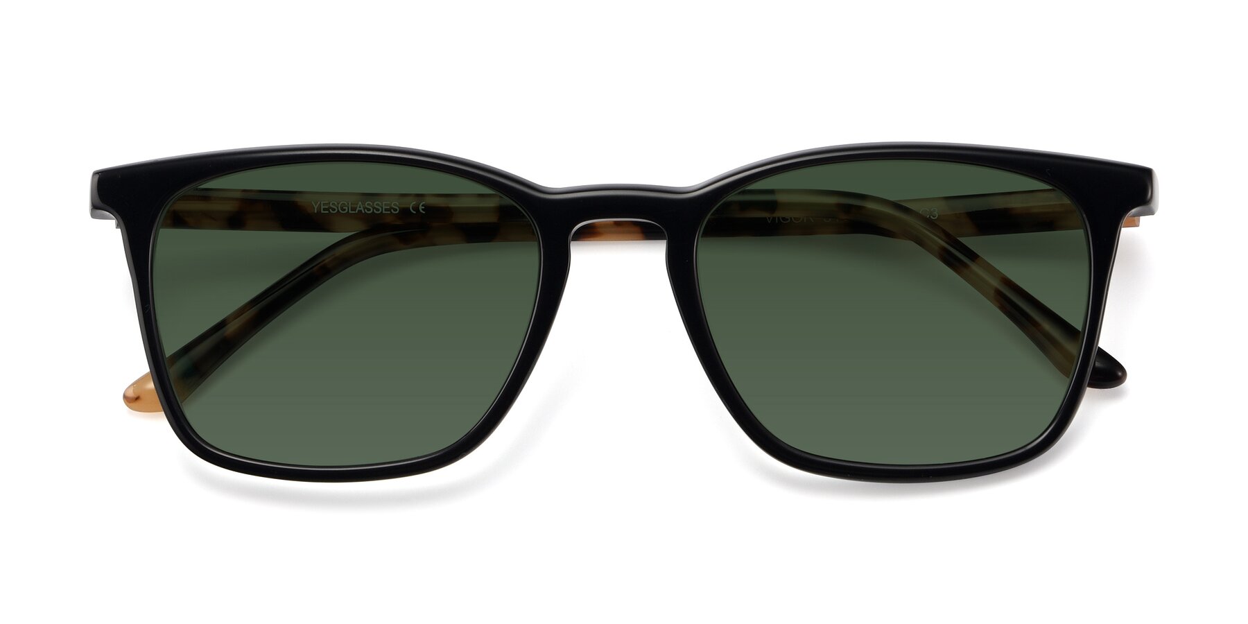 Folded Front of Vigor in Black-Tortoise with Green Tinted Lenses