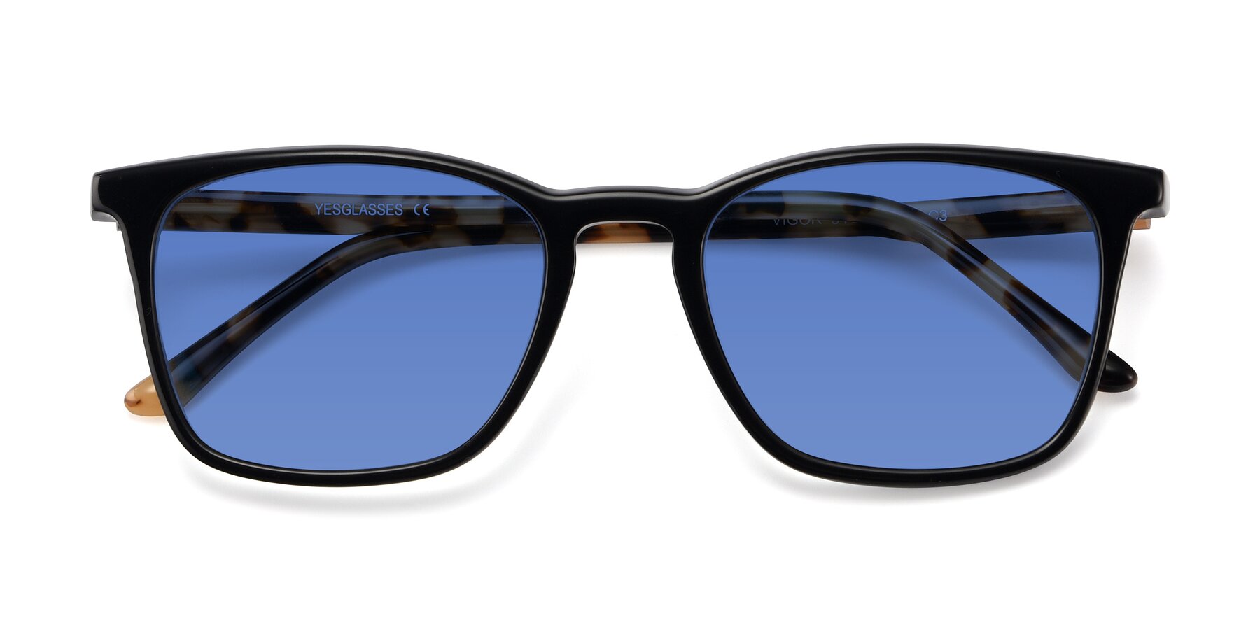 Folded Front of Vigor in Black-Tortoise with Blue Tinted Lenses