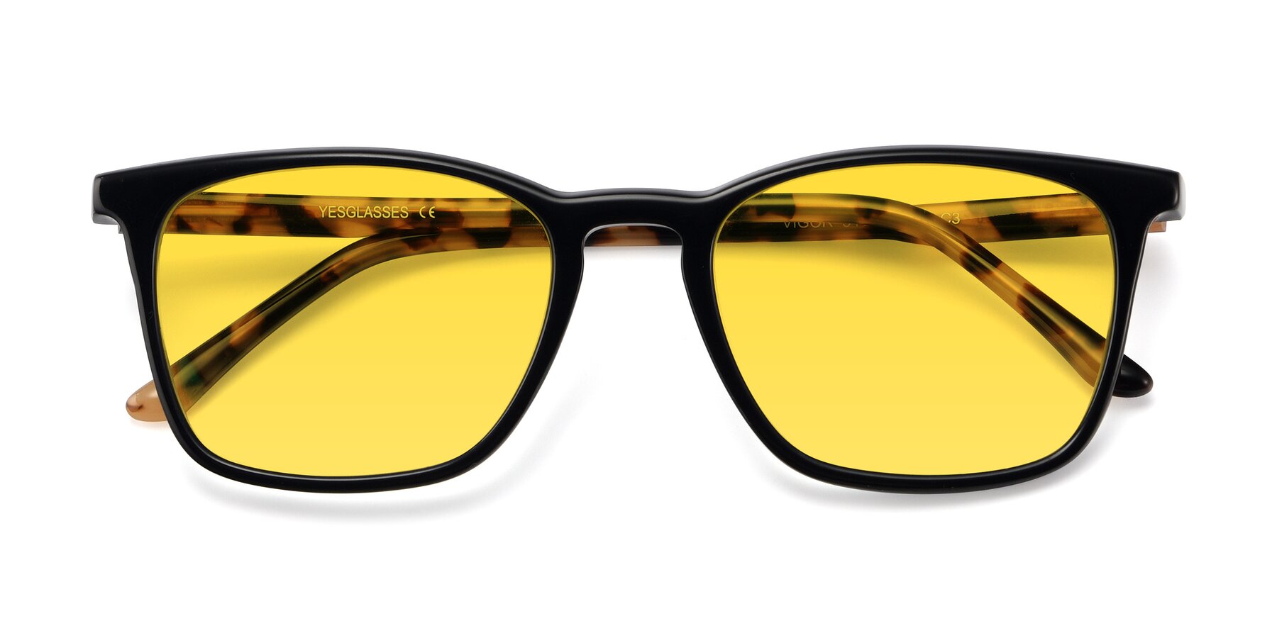 Folded Front of Vigor in Black-Tortoise with Yellow Tinted Lenses