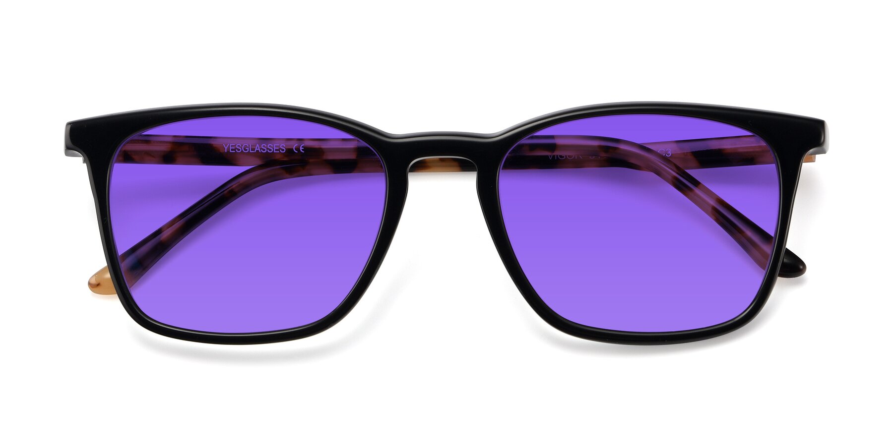 Folded Front of Vigor in Black-Tortoise with Purple Tinted Lenses