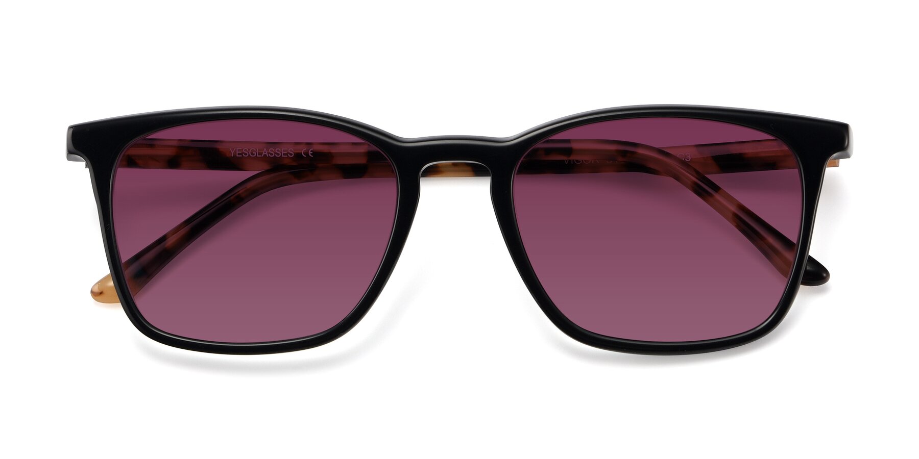 Folded Front of Vigor in Black-Tortoise with Wine Tinted Lenses