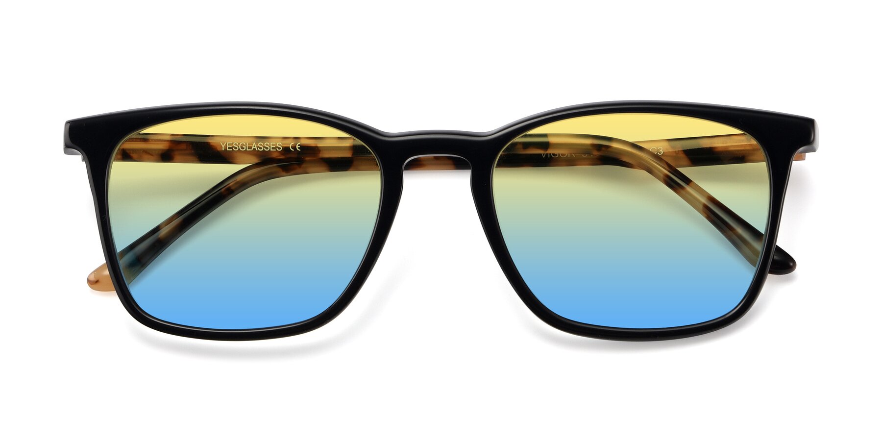 Folded Front of Vigor in Black-Tortoise with Yellow / Blue Gradient Lenses