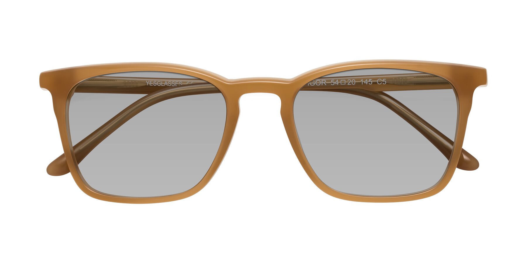 Folded Front of Vigor in Caramel with Light Gray Tinted Lenses