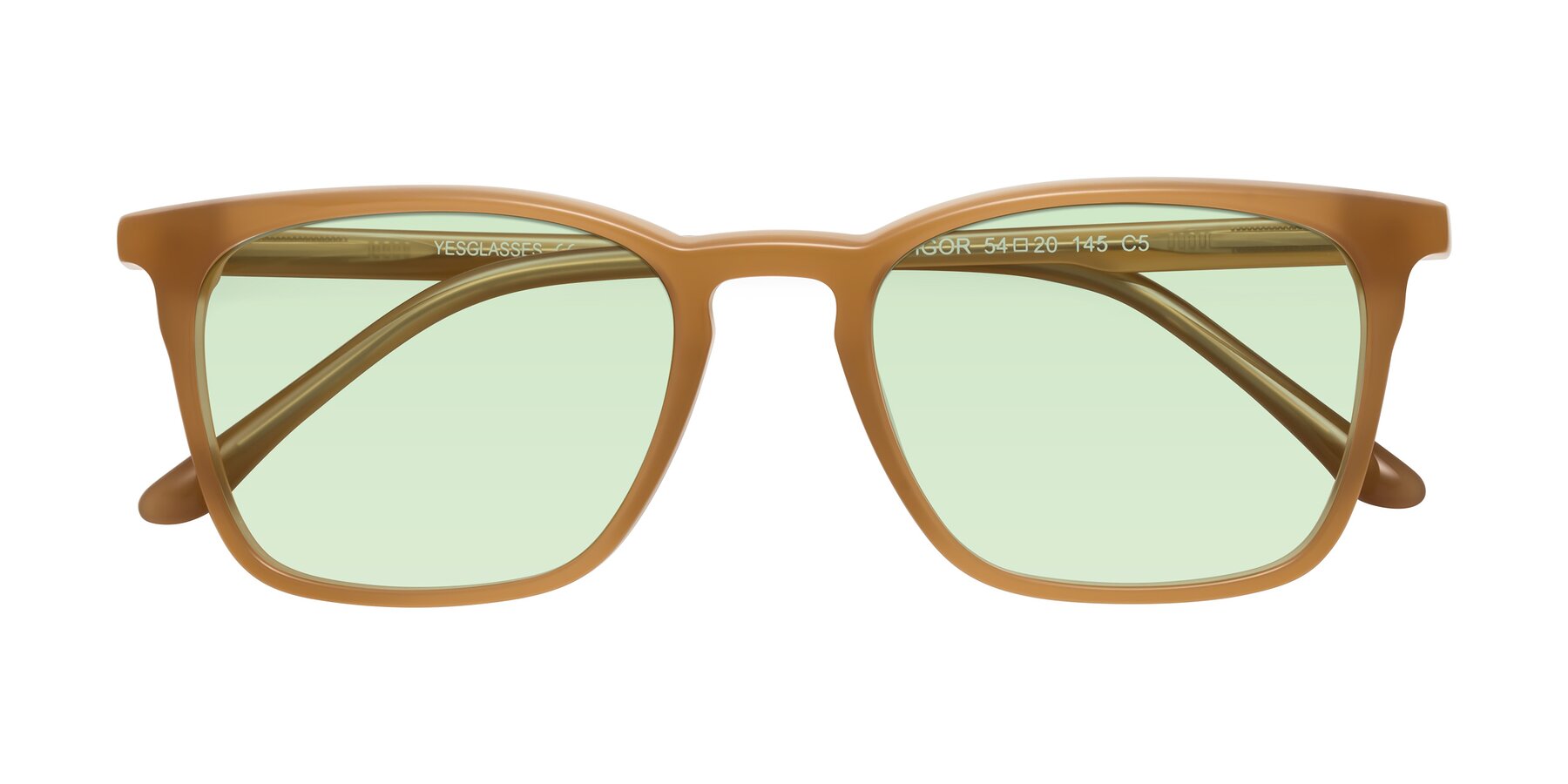 Folded Front of Vigor in Caramel with Light Green Tinted Lenses